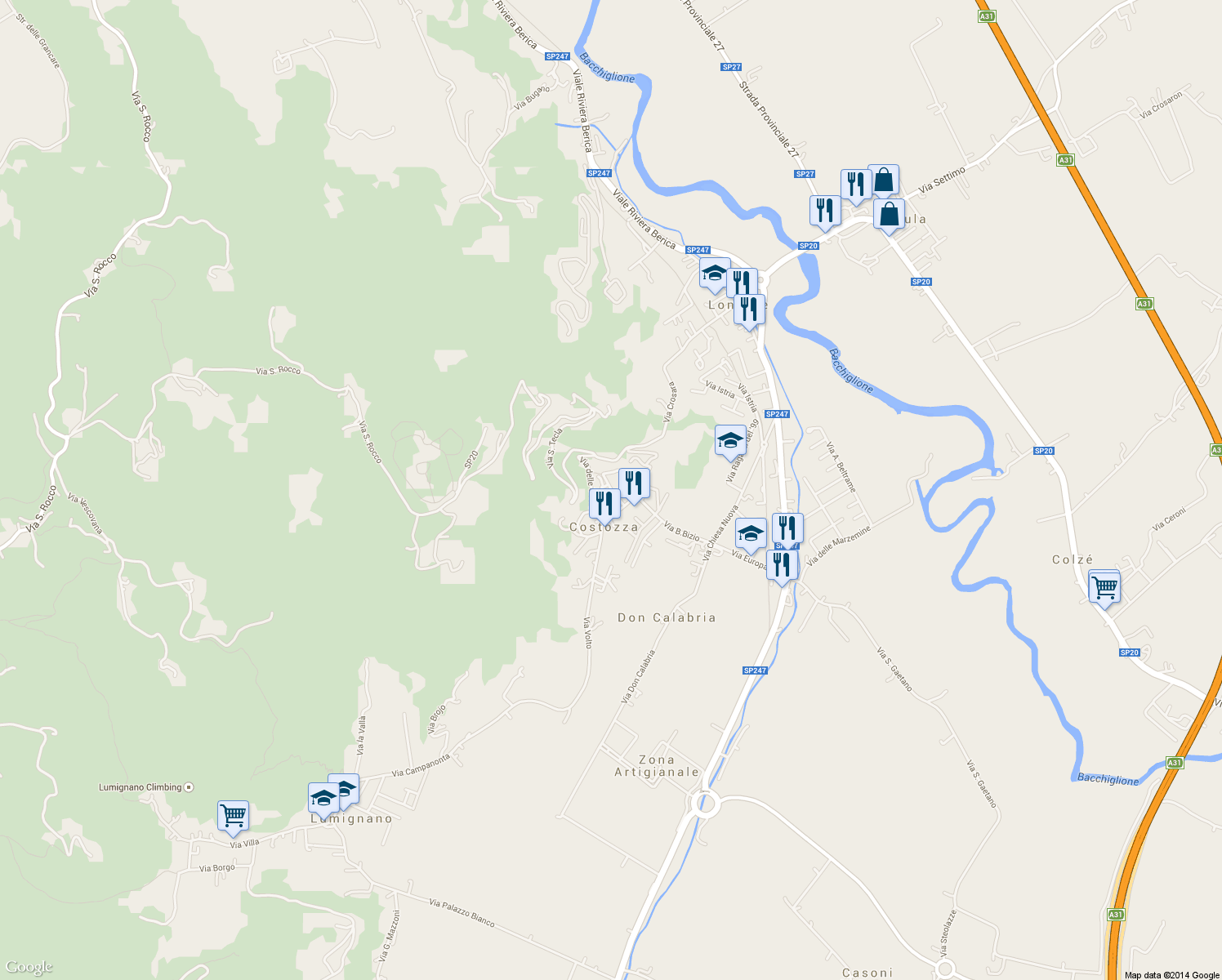 map of restaurants, bars, coffee shops, grocery stores, and more near 12 Via Vittorio Veneto in Longare