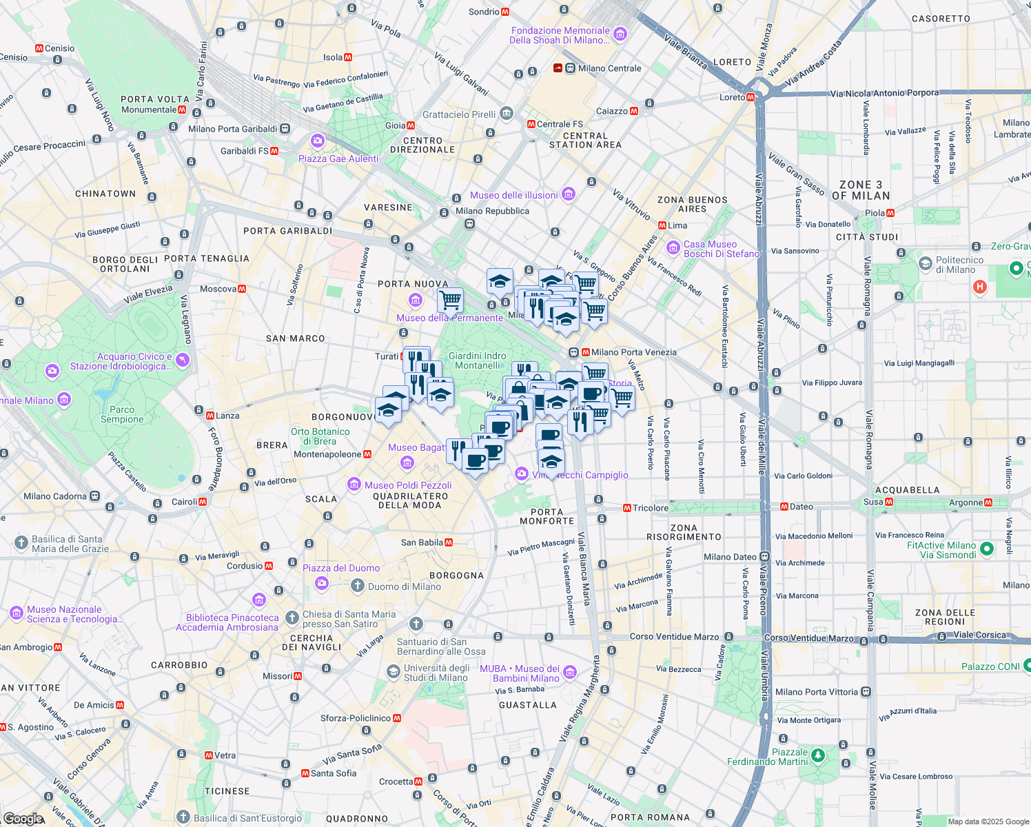 map of restaurants, bars, coffee shops, grocery stores, and more near 24 Via Palestro in Milano
