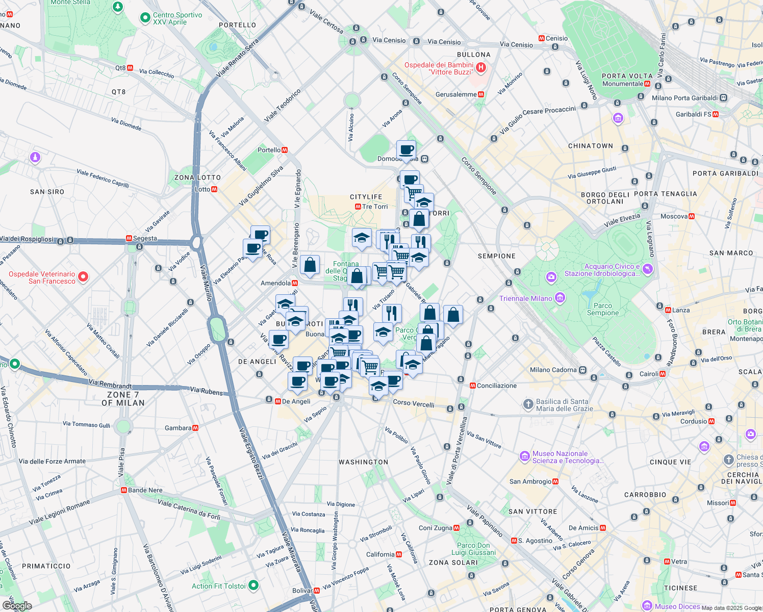 map of restaurants, bars, coffee shops, grocery stores, and more near 22-32 Via Tiziano in Milan