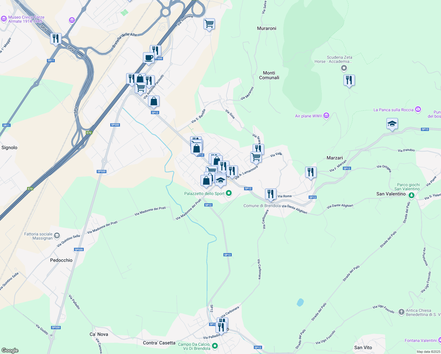 map of restaurants, bars, coffee shops, grocery stores, and more near 23 Via Gioacchino Rossini in Brendola