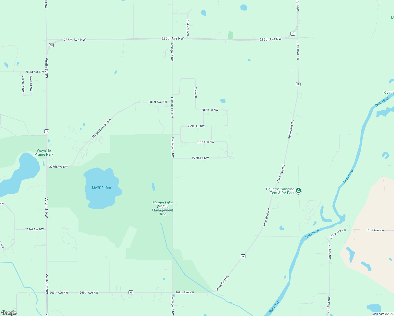 map of restaurants, bars, coffee shops, grocery stores, and more near 1431 277th Lane Northwest in Isanti