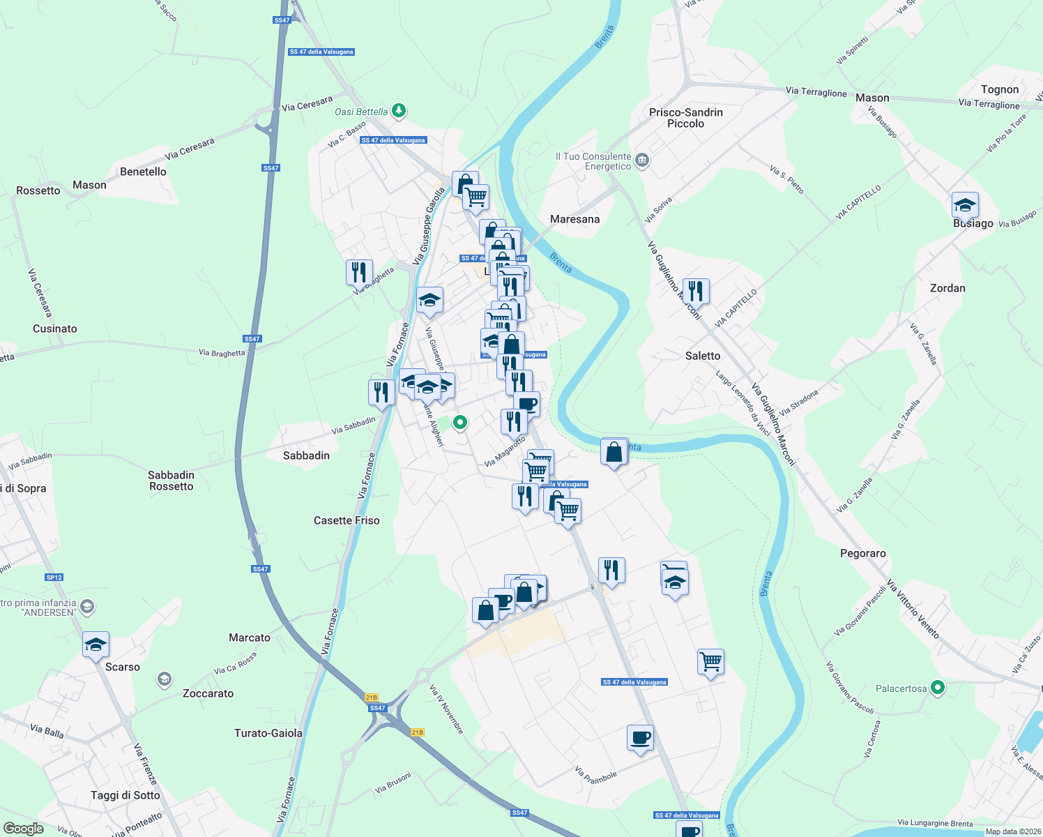 map of restaurants, bars, coffee shops, grocery stores, and more near 76 Via del Santo in Limena