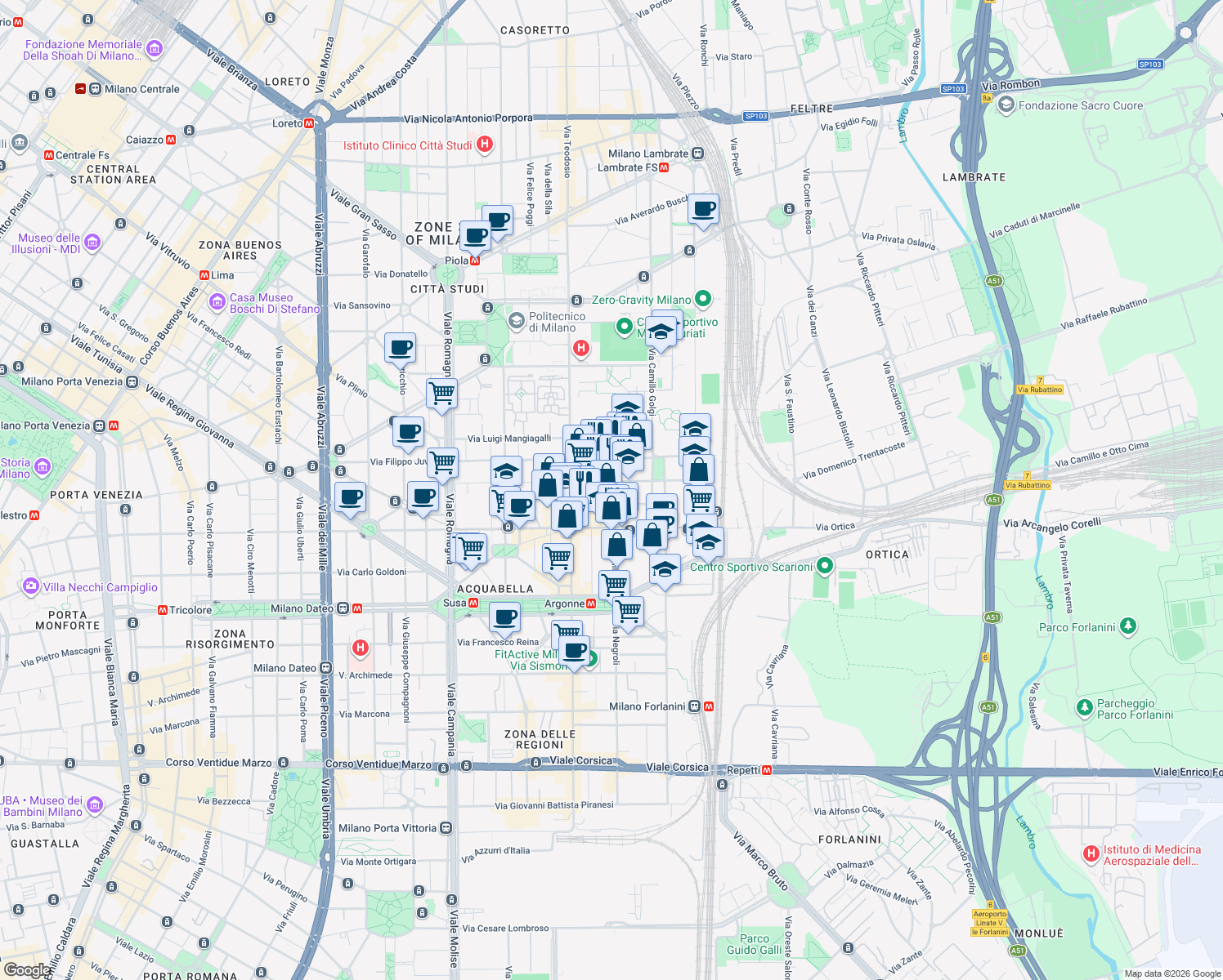 map of restaurants, bars, coffee shops, grocery stores, and more near 17 Via A. Visconti D'Aragona in Milan