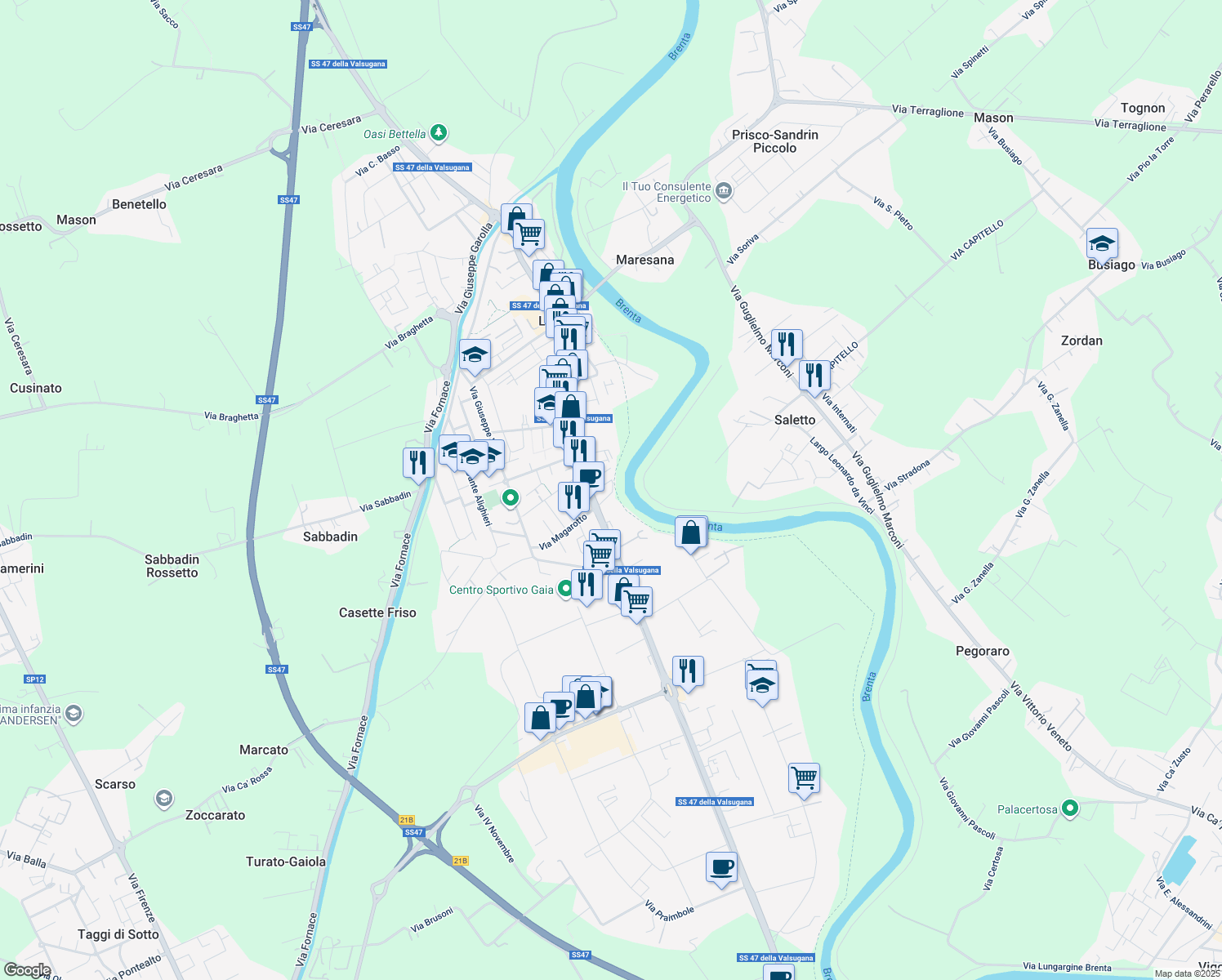 map of restaurants, bars, coffee shops, grocery stores, and more near 11A Via Montello in Limena