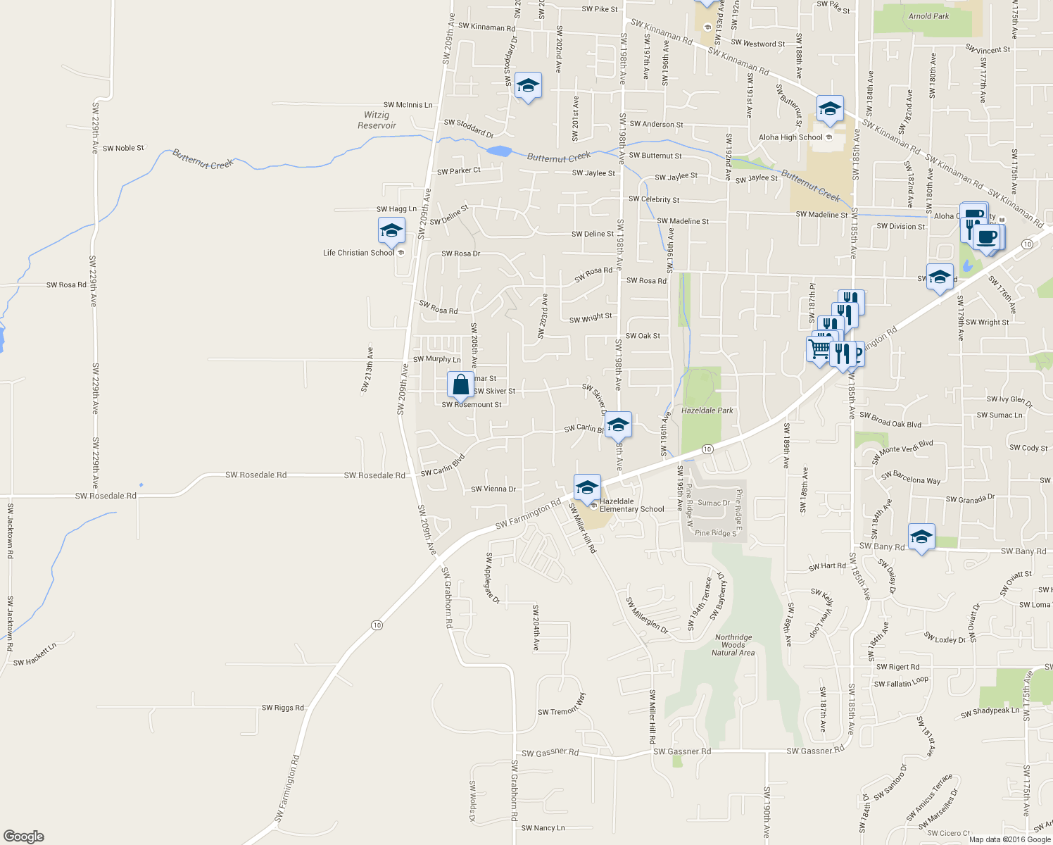 map of restaurants, bars, coffee shops, grocery stores, and more near 6535 Southwest 204th Place in Aloha