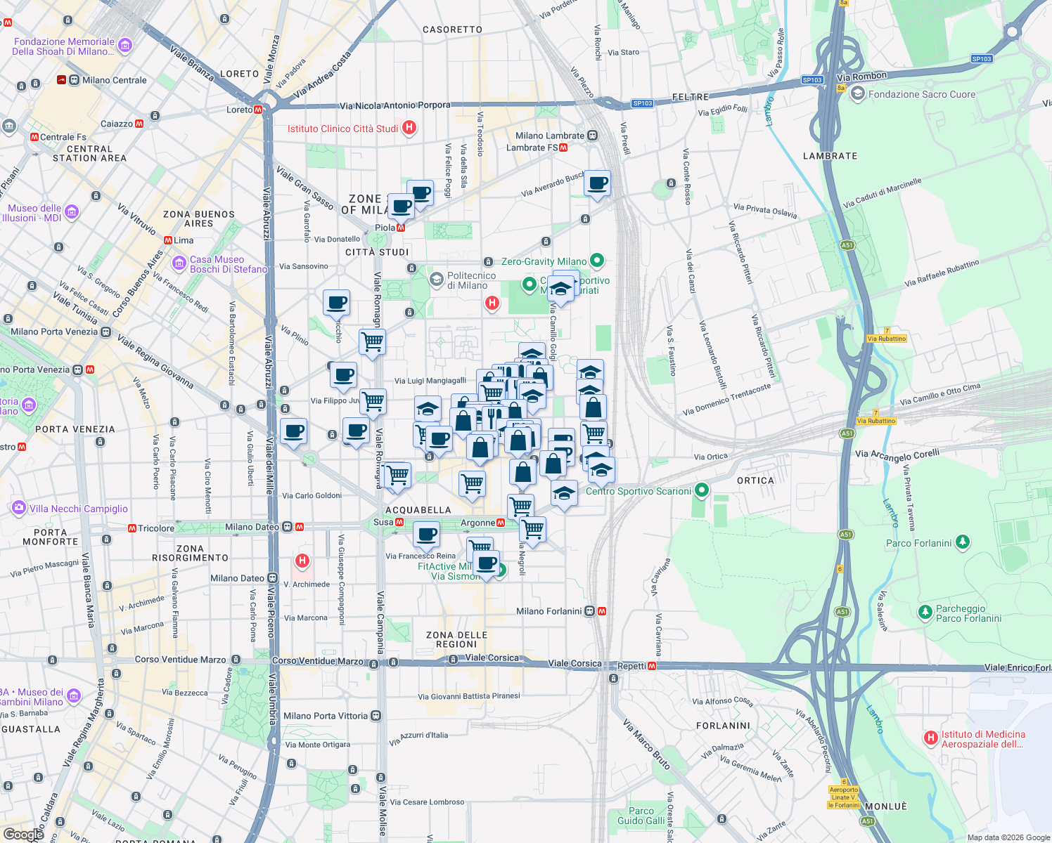 map of restaurants, bars, coffee shops, grocery stores, and more near 17 Via A. Visconti D'Aragona in Milan