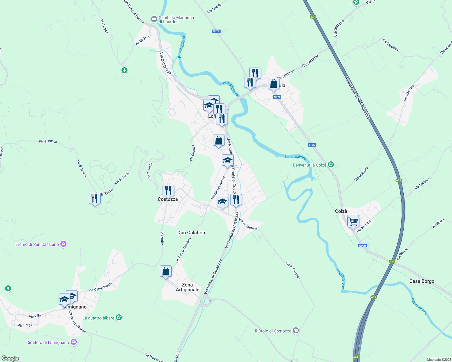 map of restaurants, bars, coffee shops, grocery stores, and more near 12 Via Don Calvi in Longare