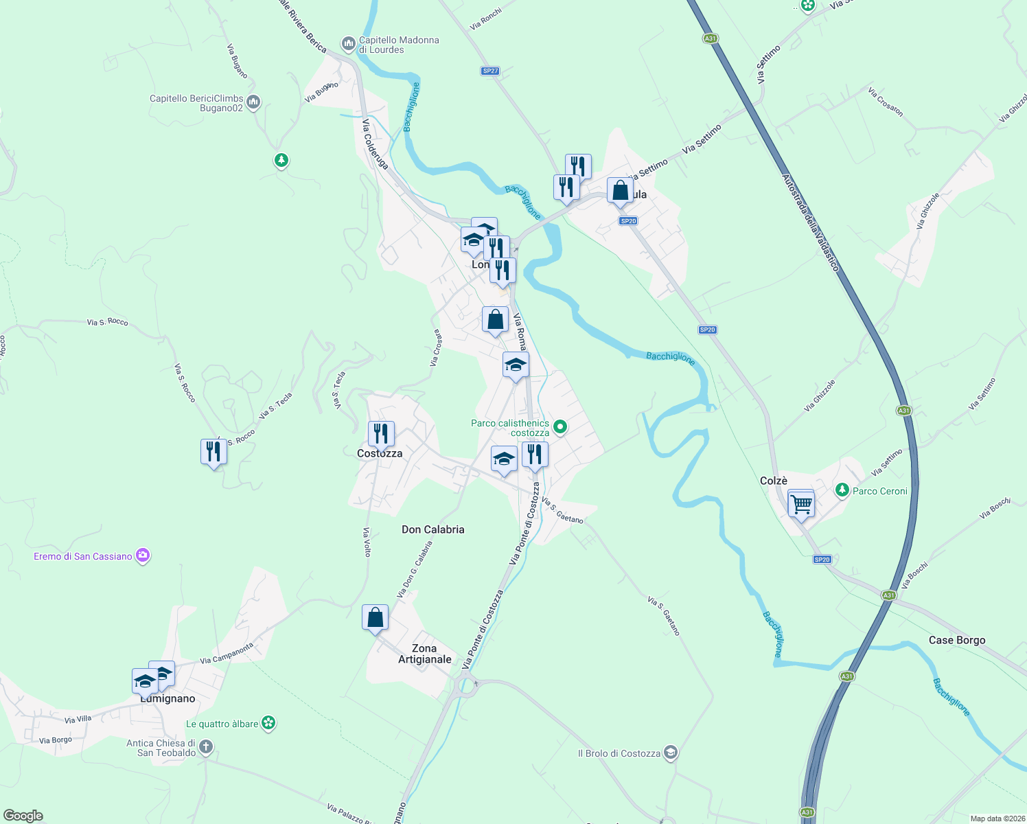 map of restaurants, bars, coffee shops, grocery stores, and more near 12 Via Don Calvi in Longare