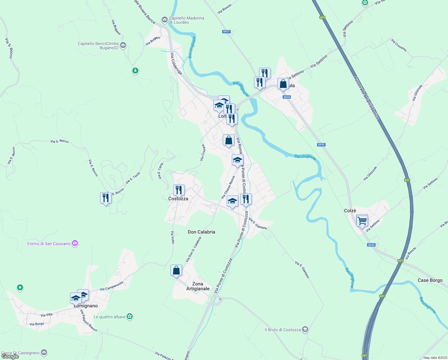 map of restaurants, bars, coffee shops, grocery stores, and more near 5 Via Ragazzi del '99 in Longare