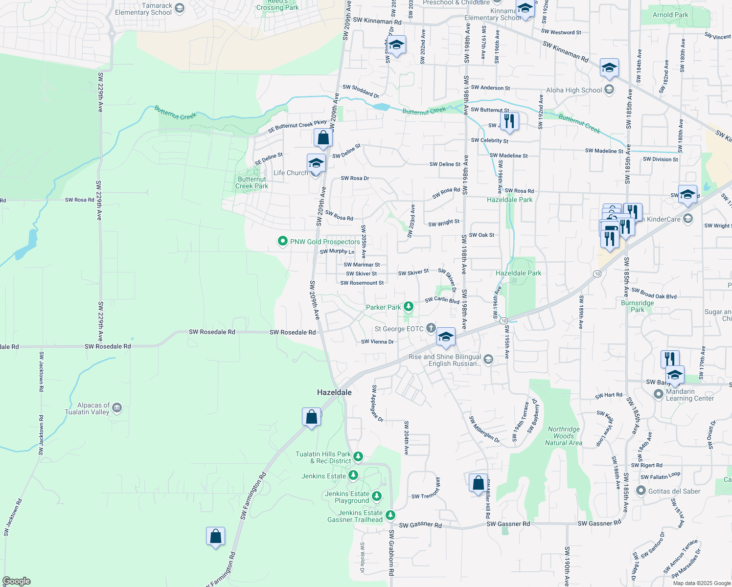 map of restaurants, bars, coffee shops, grocery stores, and more near 6576 Southwest 207th Avenue in Aloha