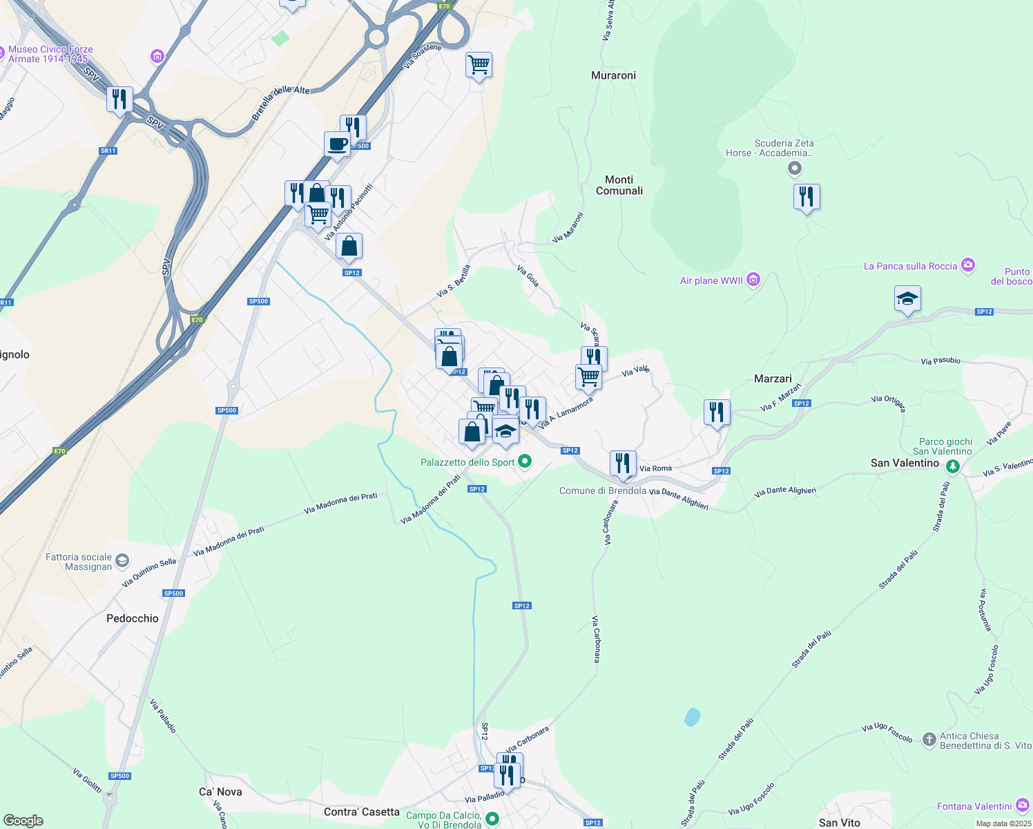 map of restaurants, bars, coffee shops, grocery stores, and more near 21-23 Via Gioacchino Rossini in Brendola