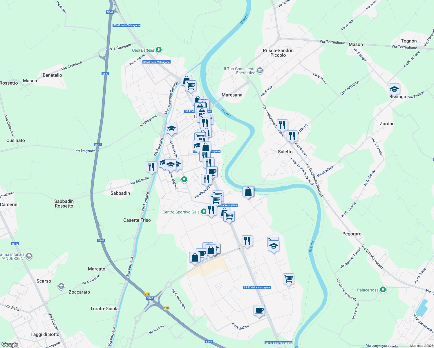 map of restaurants, bars, coffee shops, grocery stores, and more near 11A Via Montello in Limena