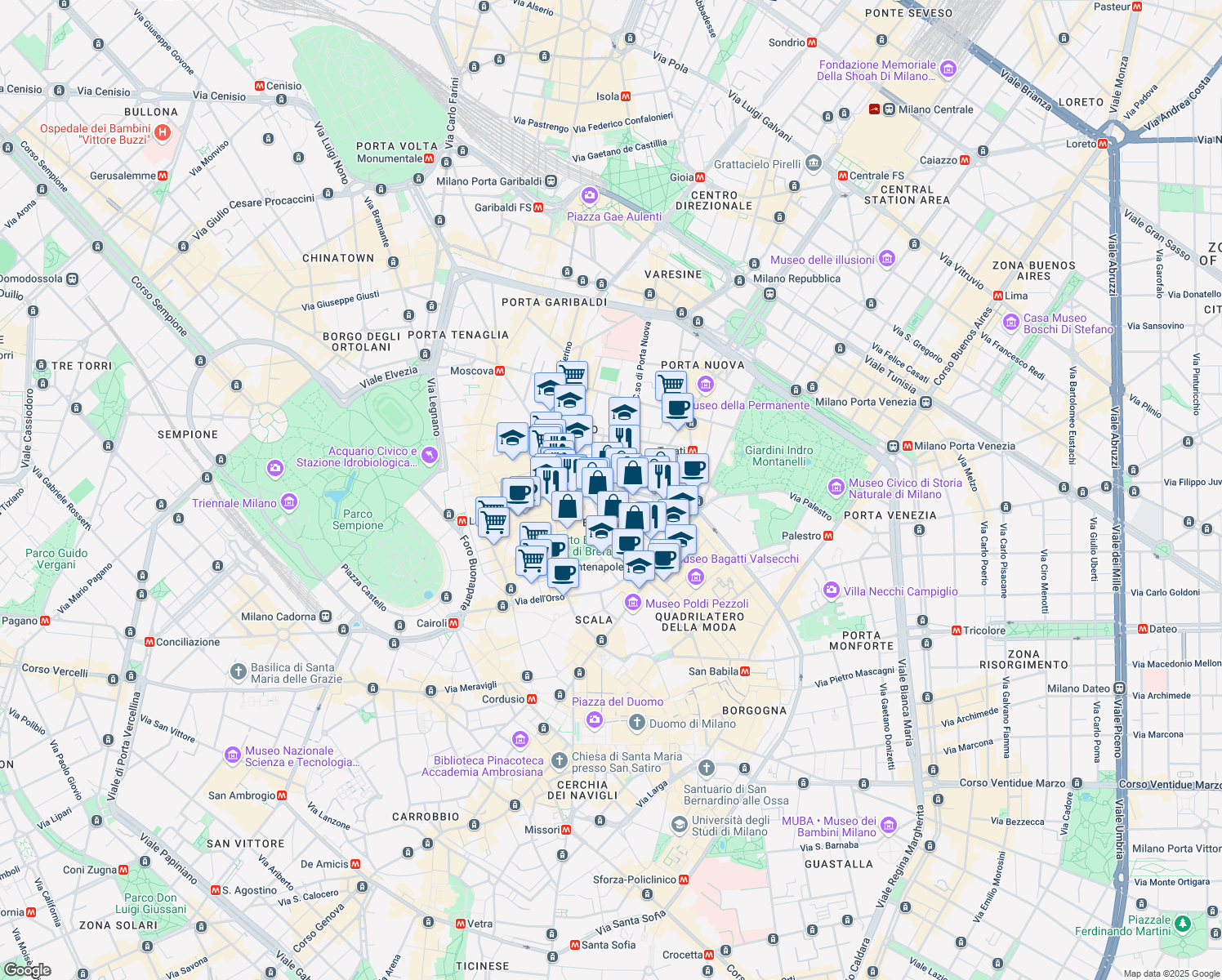 map of restaurants, bars, coffee shops, grocery stores, and more near 14 Via Fatebenefratelli in Milano