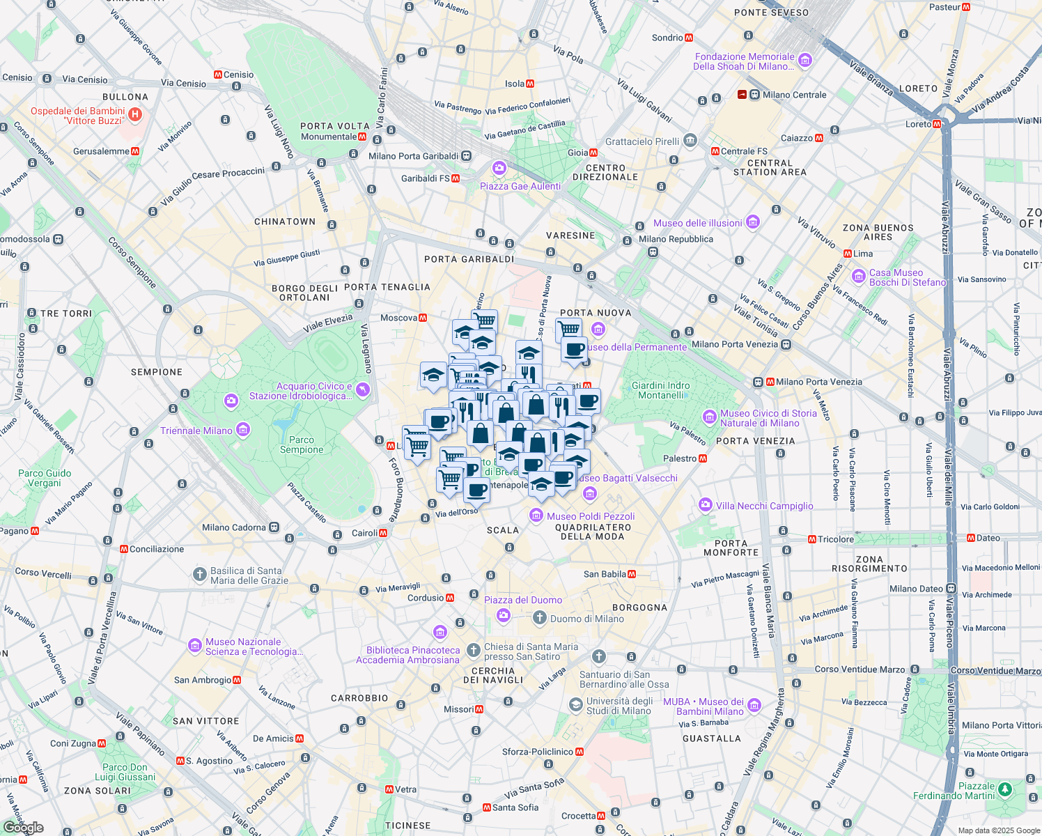 map of restaurants, bars, coffee shops, grocery stores, and more near 14 Via Fatebenefratelli in Milano