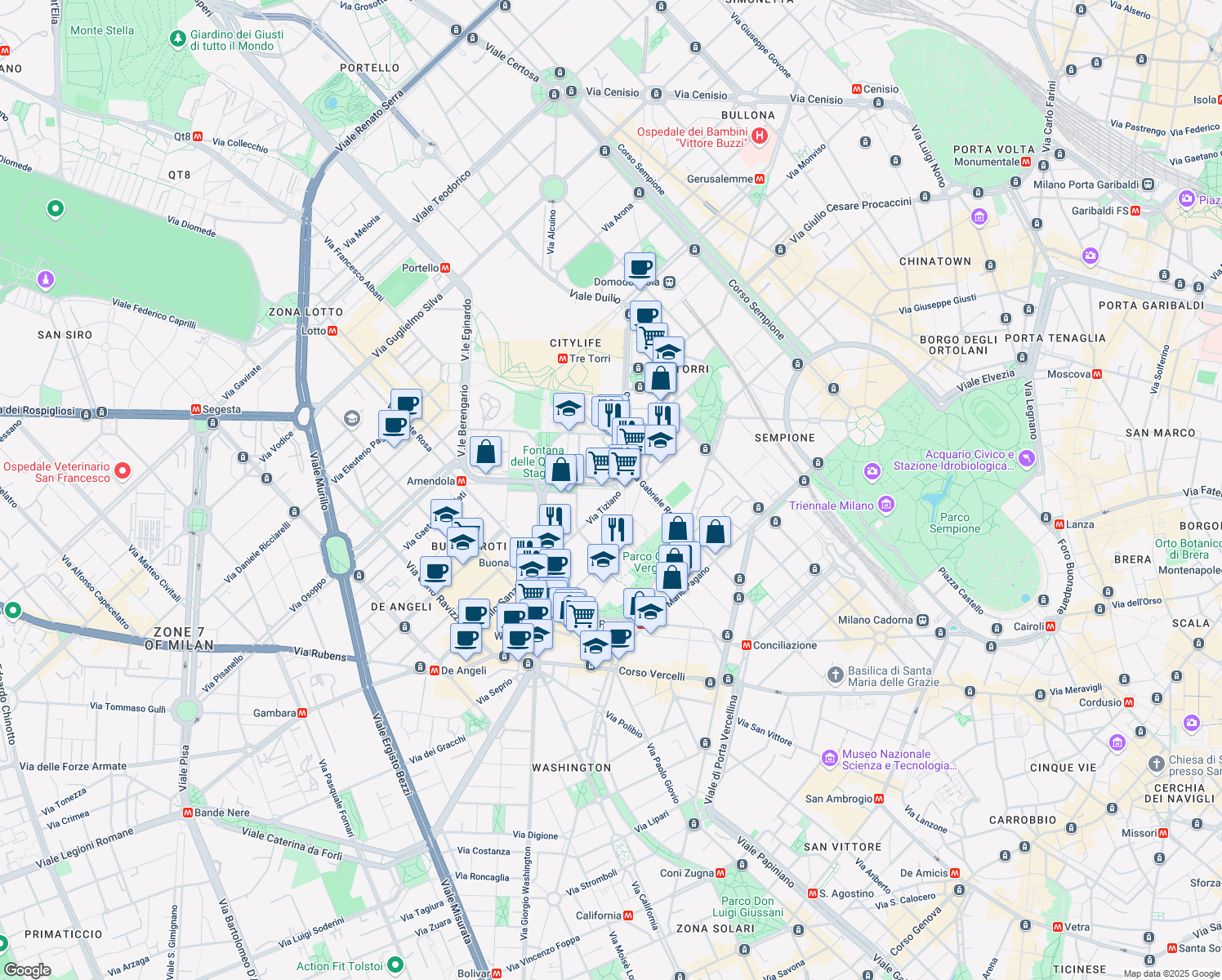 map of restaurants, bars, coffee shops, grocery stores, and more near 32 Via Tiziano in Milan