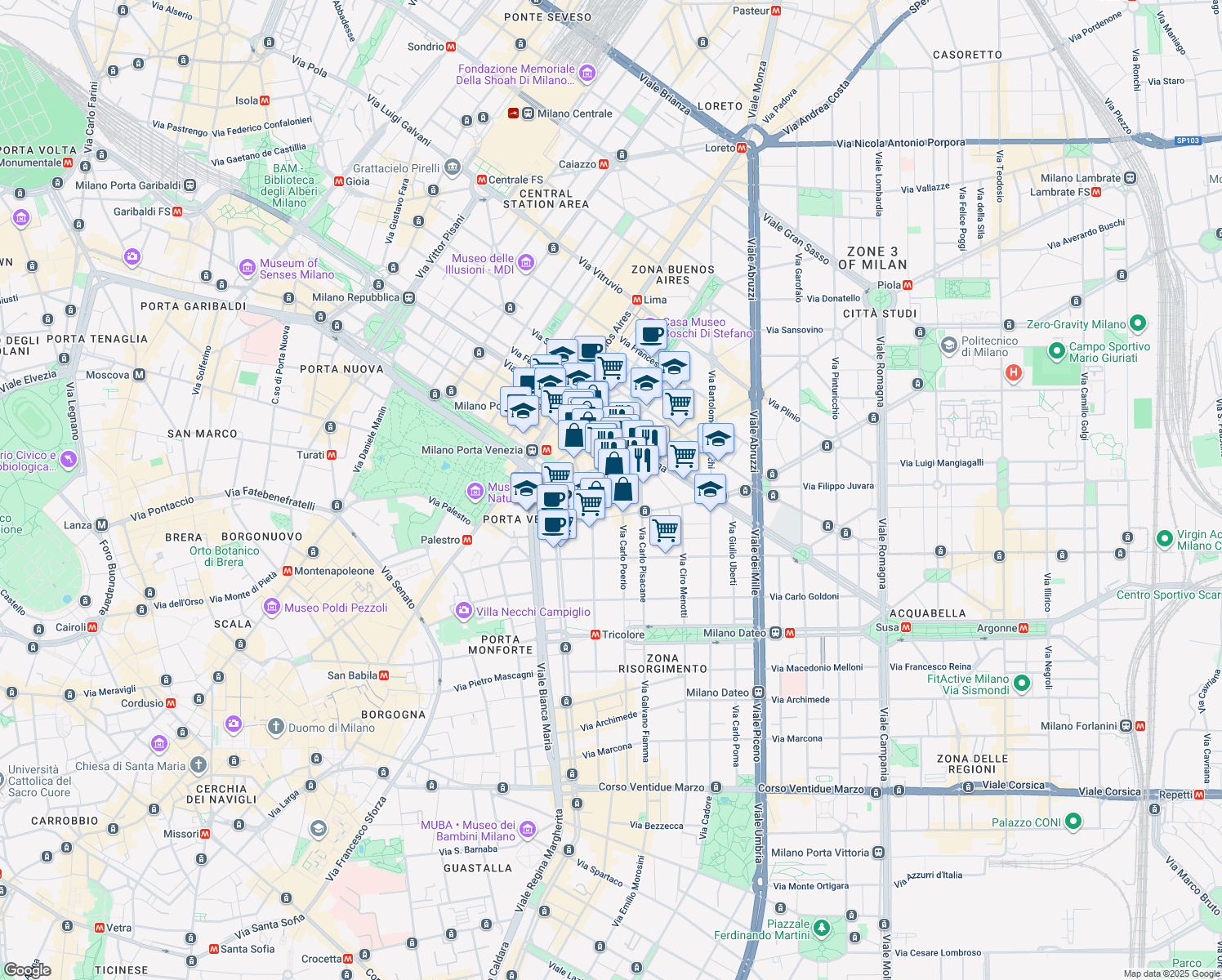map of restaurants, bars, coffee shops, grocery stores, and more near 9 Via Melzo in Milan