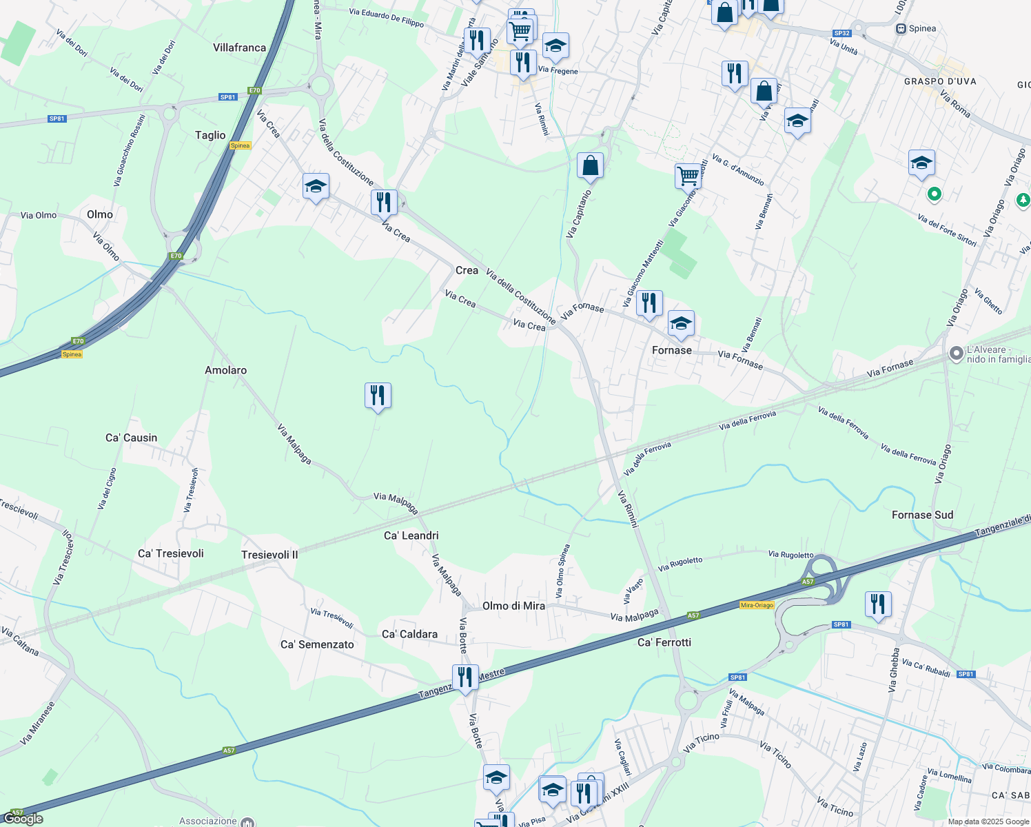 map of restaurants, bars, coffee shops, grocery stores, and more near 3 Via Crea in Città Metropolitana di Venezia