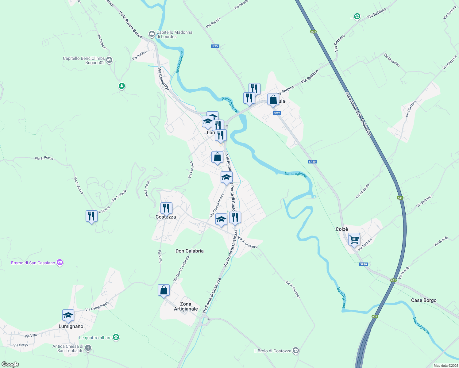 map of restaurants, bars, coffee shops, grocery stores, and more near 75 Via Ponte di Costozza in Longare