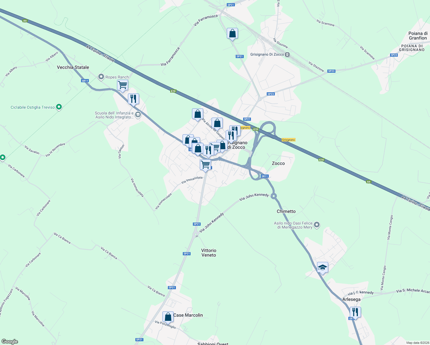 map of restaurants, bars, coffee shops, grocery stores, and more near 17 Via Gioacchino Rossini in Grisignano di Zocco