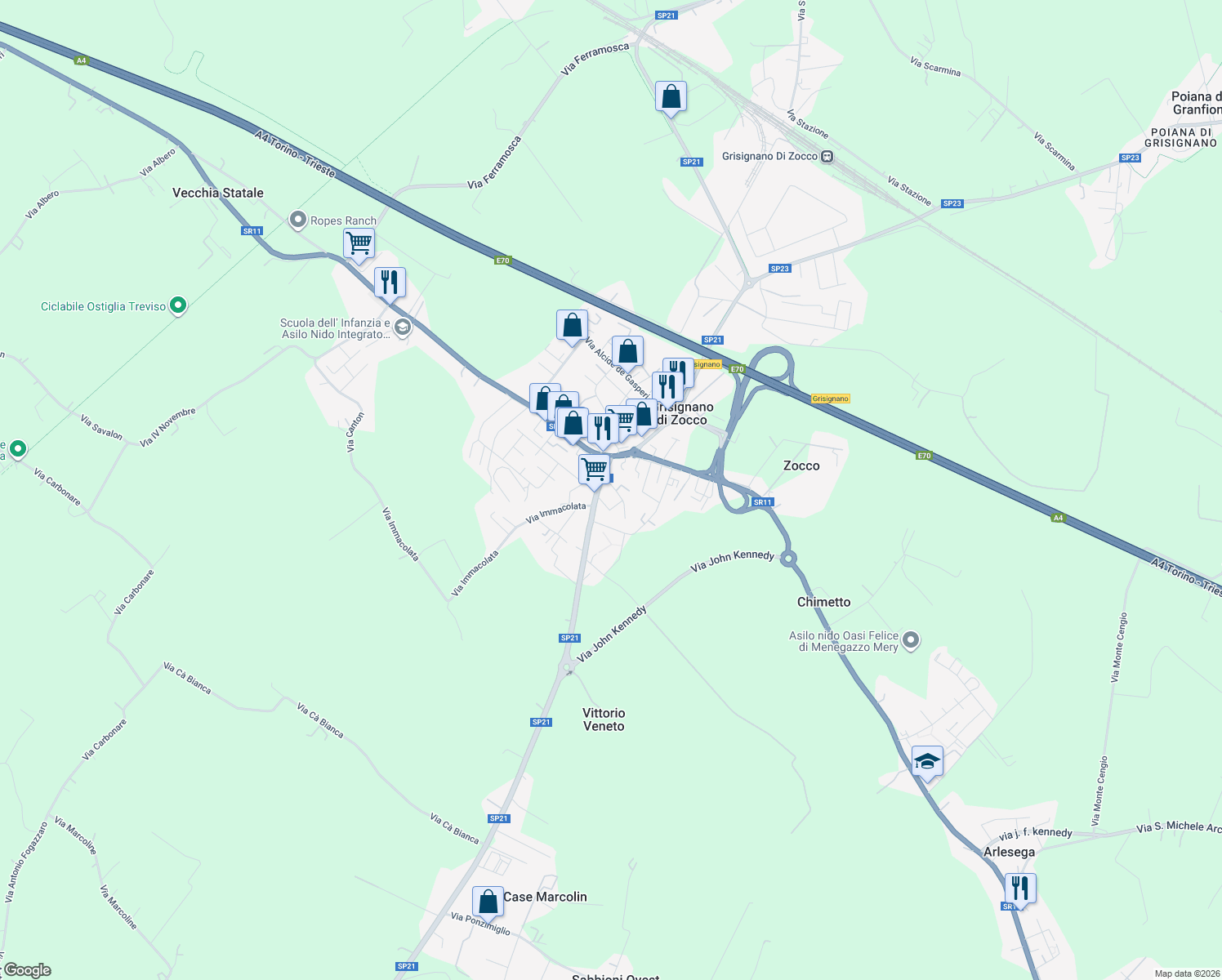 map of restaurants, bars, coffee shops, grocery stores, and more near 17 Via Gioacchino Rossini in Grisignano di Zocco