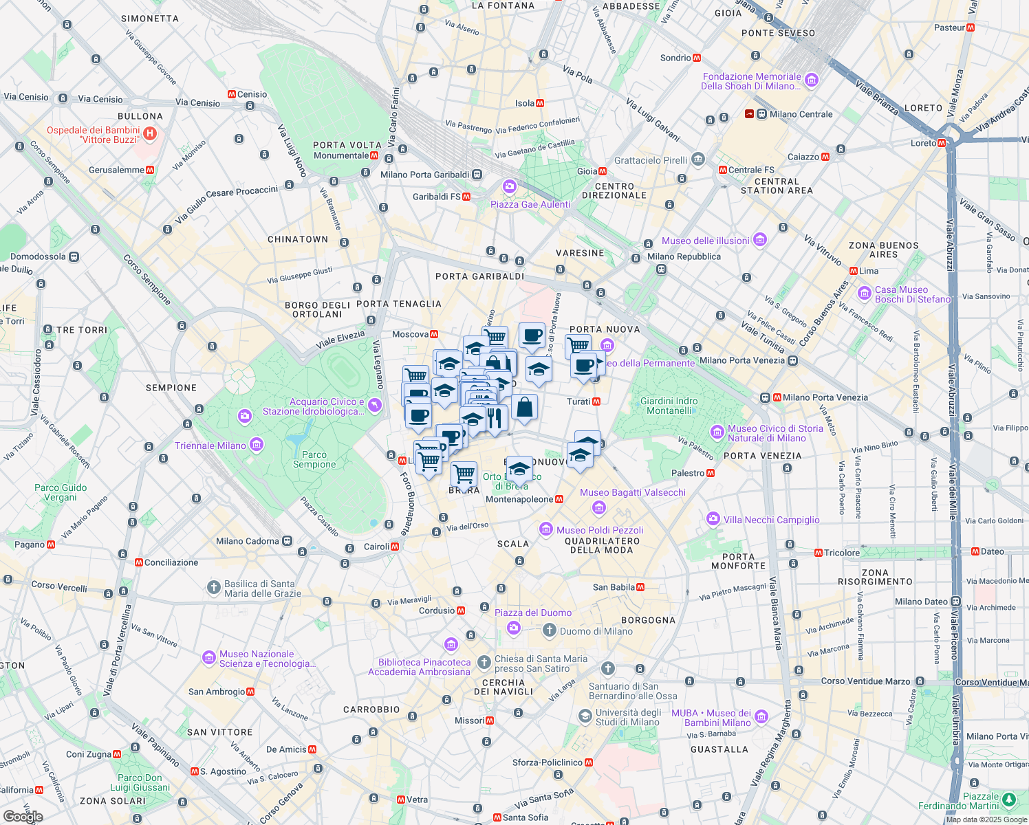 map of restaurants, bars, coffee shops, grocery stores, and more near 5 Via Cernaia in Milano