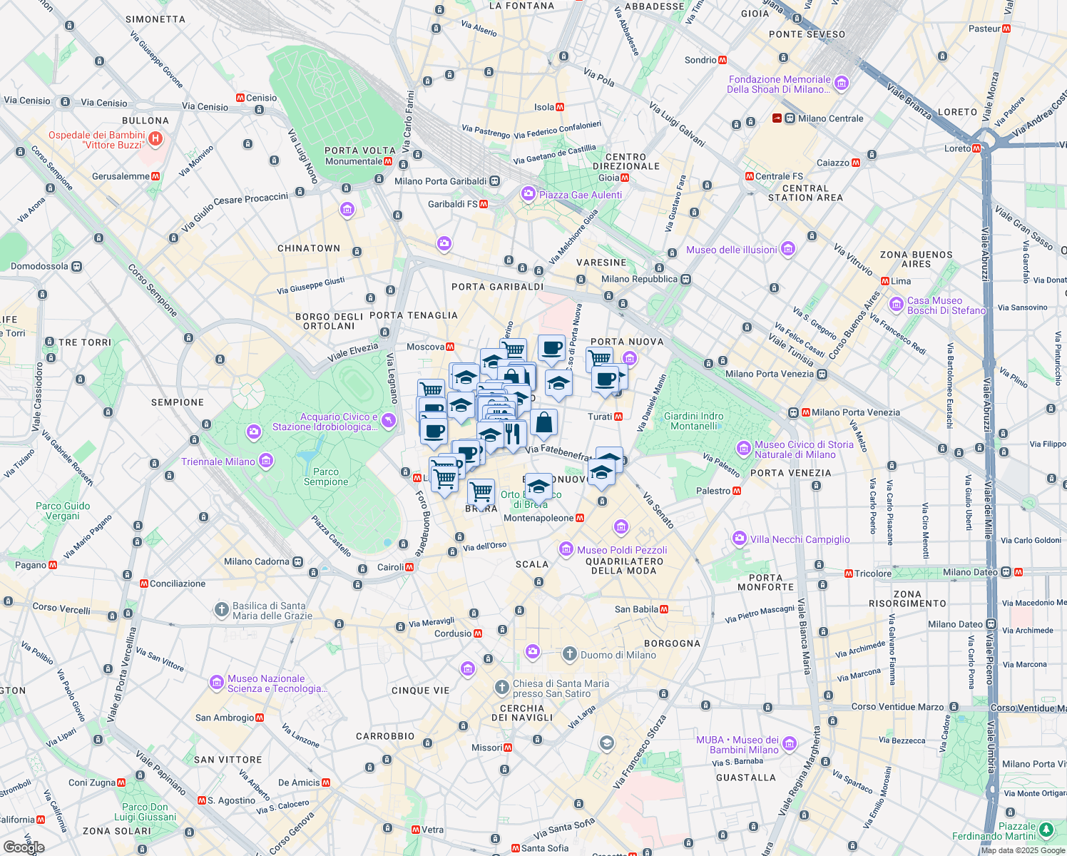 map of restaurants, bars, coffee shops, grocery stores, and more near 5 Via Cernaia in Milano