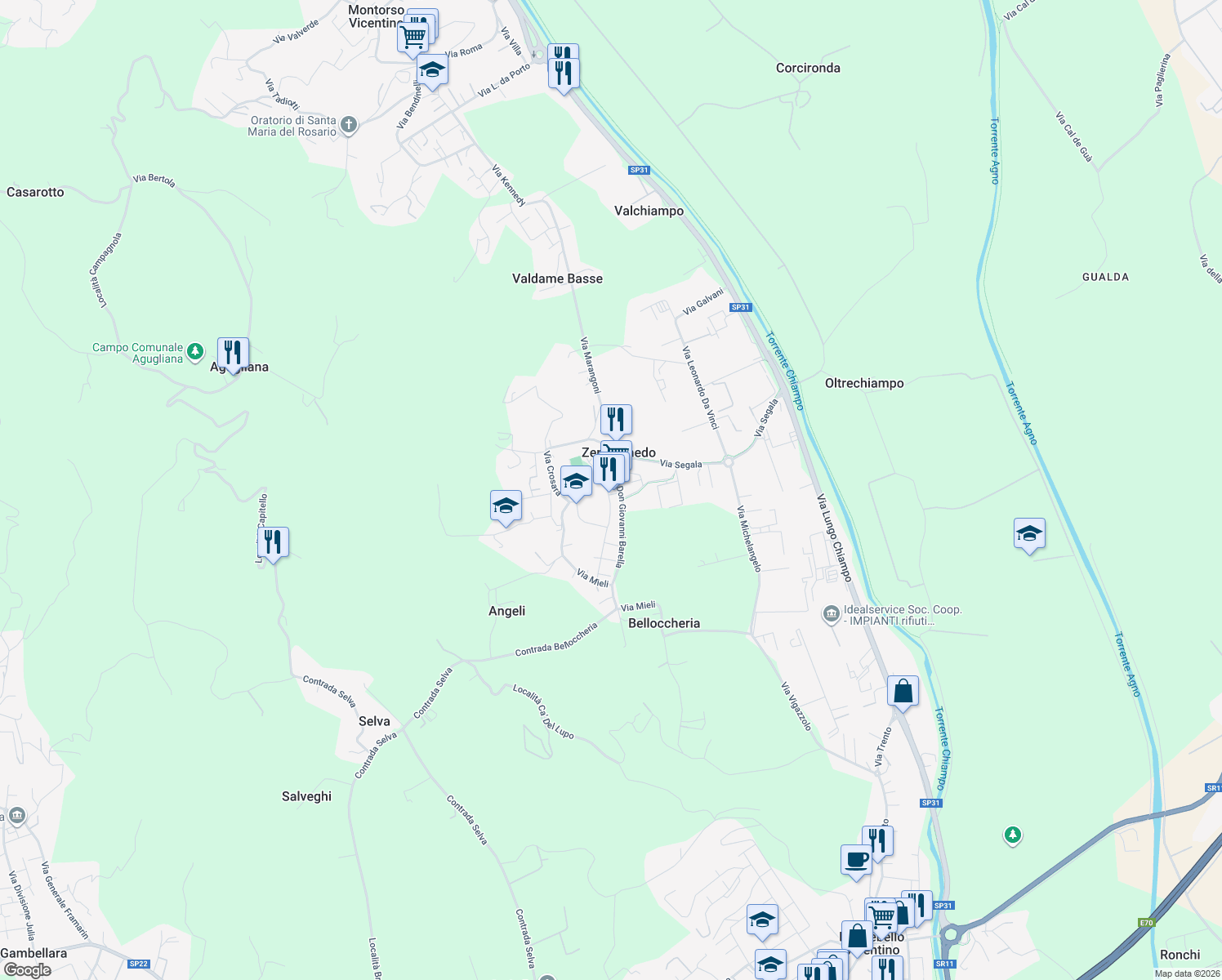 map of restaurants, bars, coffee shops, grocery stores, and more near 2 Via Antonio Salieri in Zermeghedo