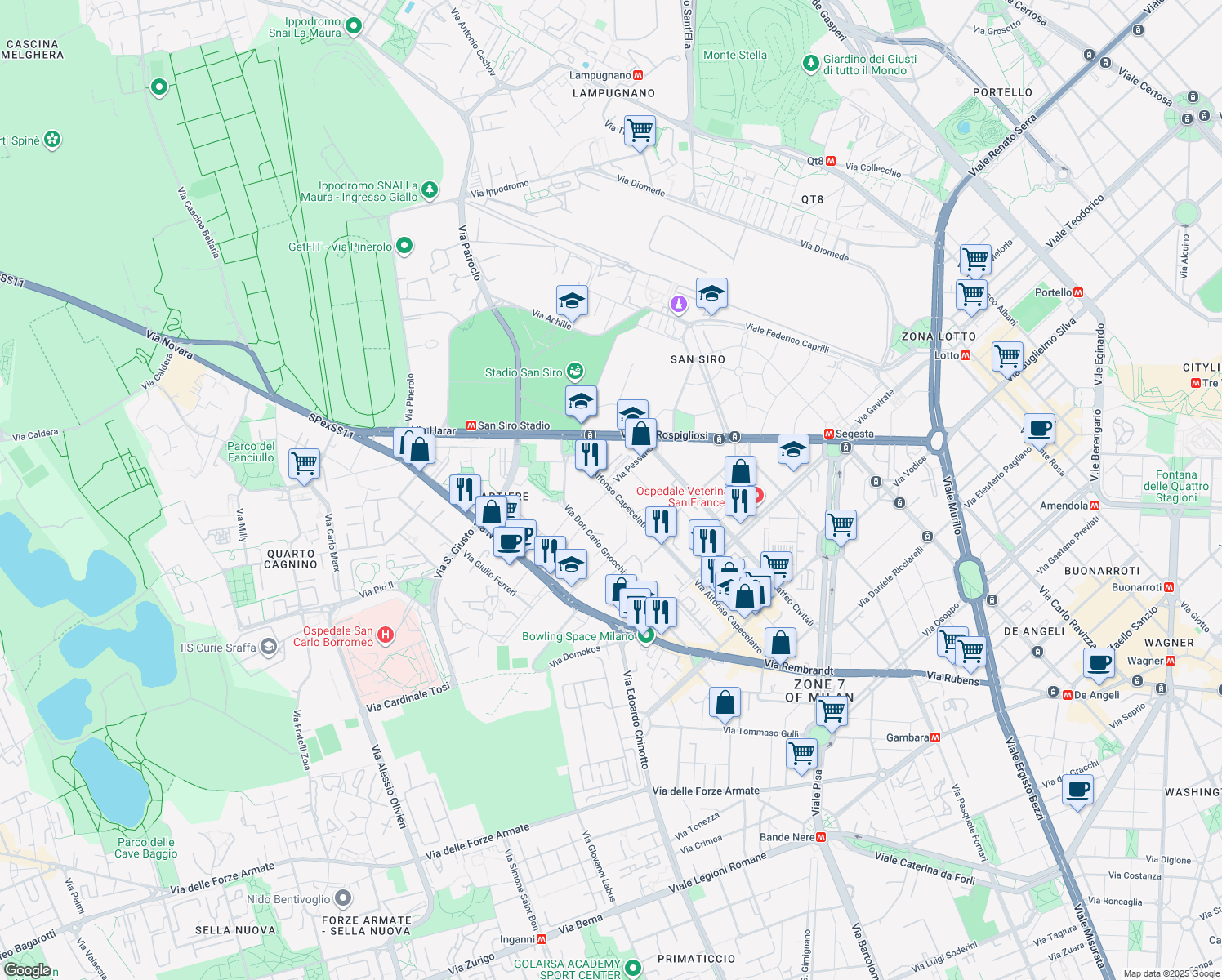 map of restaurants, bars, coffee shops, grocery stores, and more near 79 Via Alfonso Capecelatro in Milan