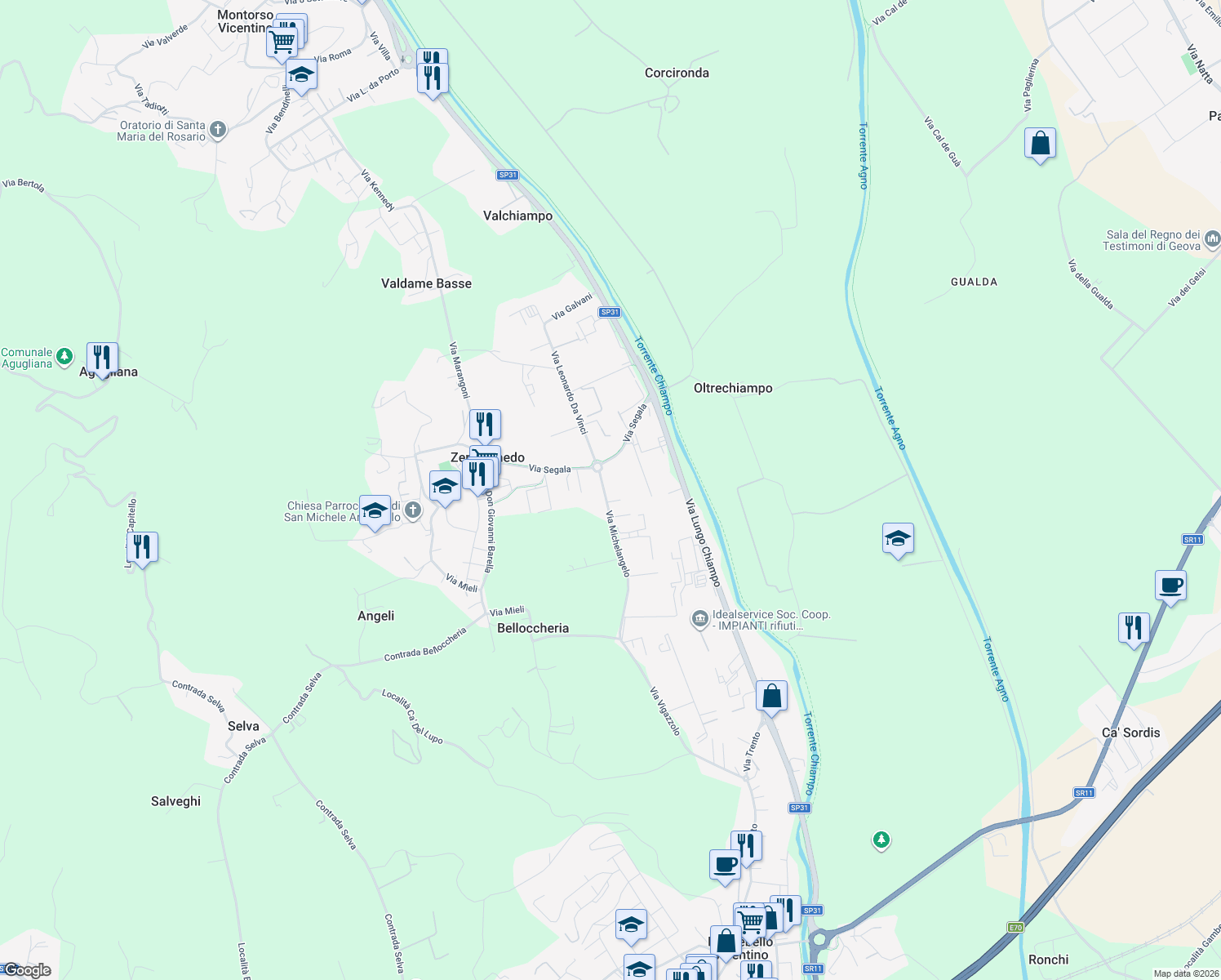 map of restaurants, bars, coffee shops, grocery stores, and more near 8 Via Michelangelo in Zermeghedo
