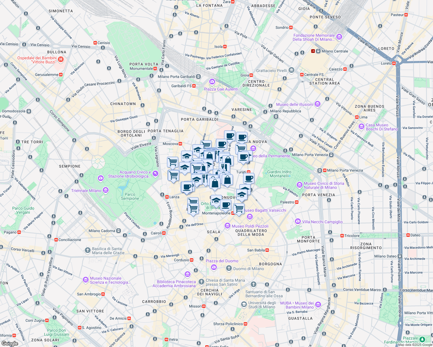 map of restaurants, bars, coffee shops, grocery stores, and more near 8 Via Cernaia in Milano