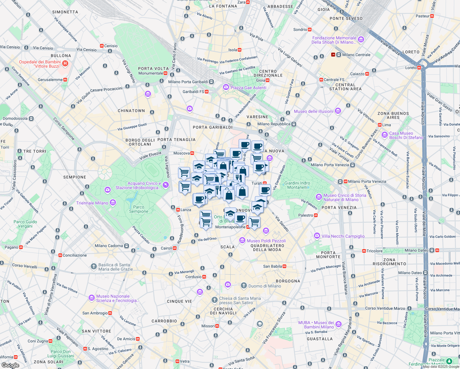 map of restaurants, bars, coffee shops, grocery stores, and more near 8 Via Cernaia in Milano