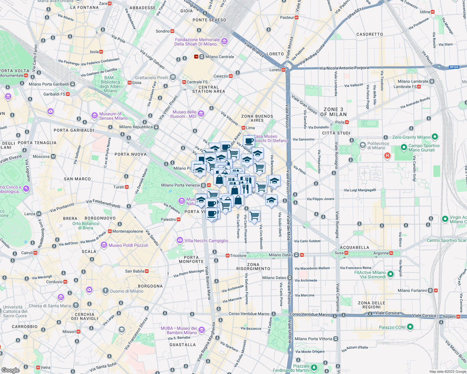 map of restaurants, bars, coffee shops, grocery stores, and more near 9 Via Melzo in Milan