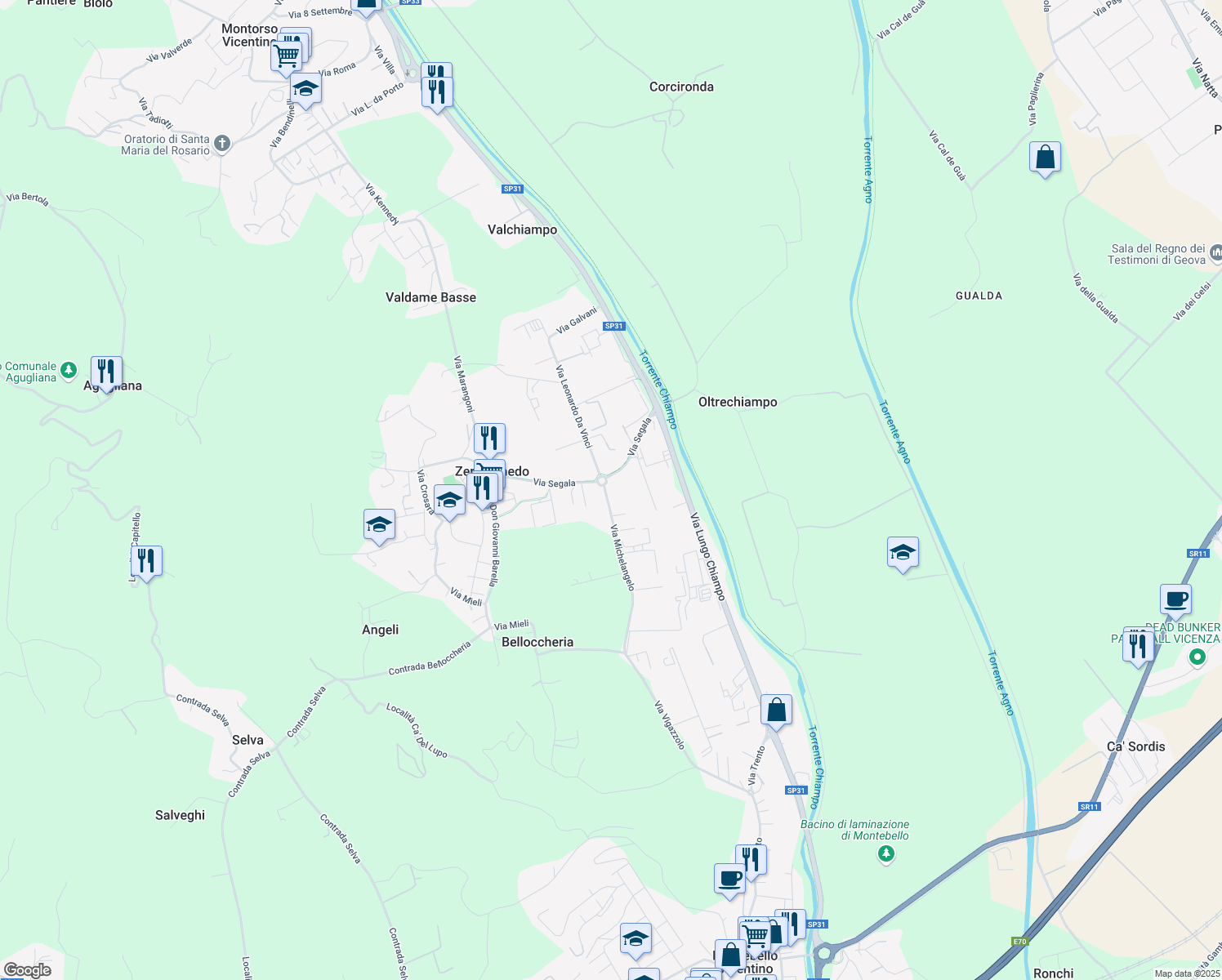 map of restaurants, bars, coffee shops, grocery stores, and more near 14 Via Segala in Zermeghedo