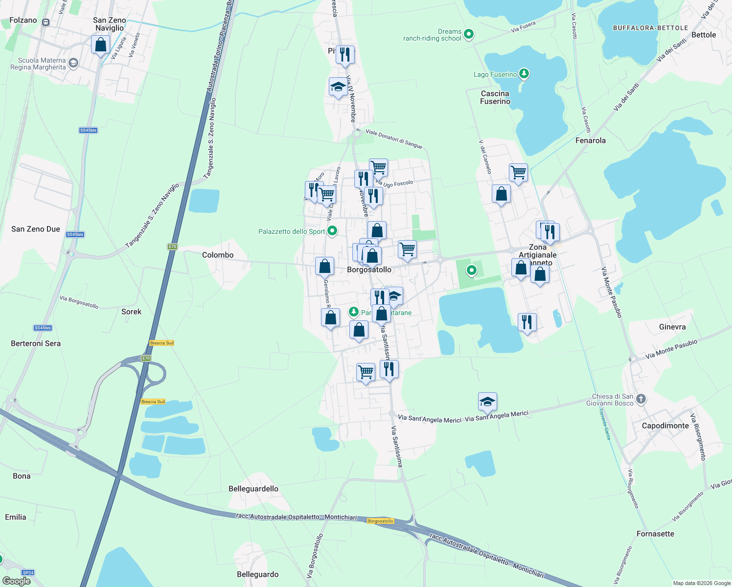 map of restaurants, bars, coffee shops, grocery stores, and more near 22 Via Santissima in Borgosatollo