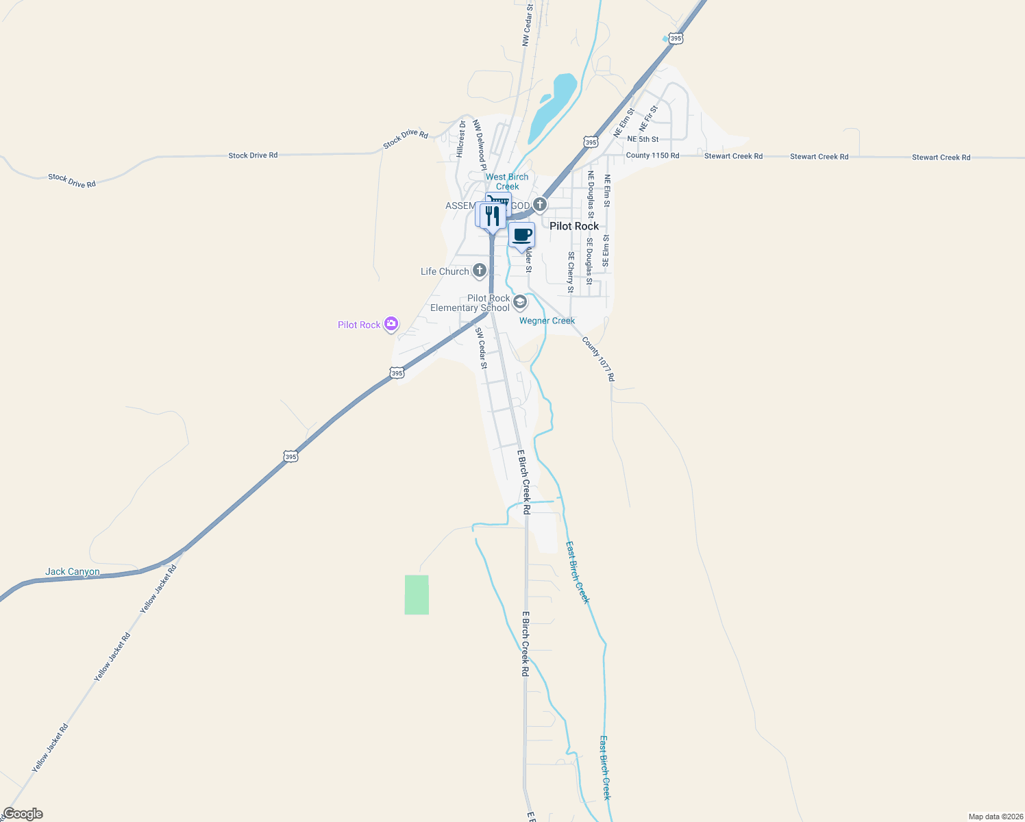 map of restaurants, bars, coffee shops, grocery stores, and more near 890 Southwest Birch Street in Pilot Rock