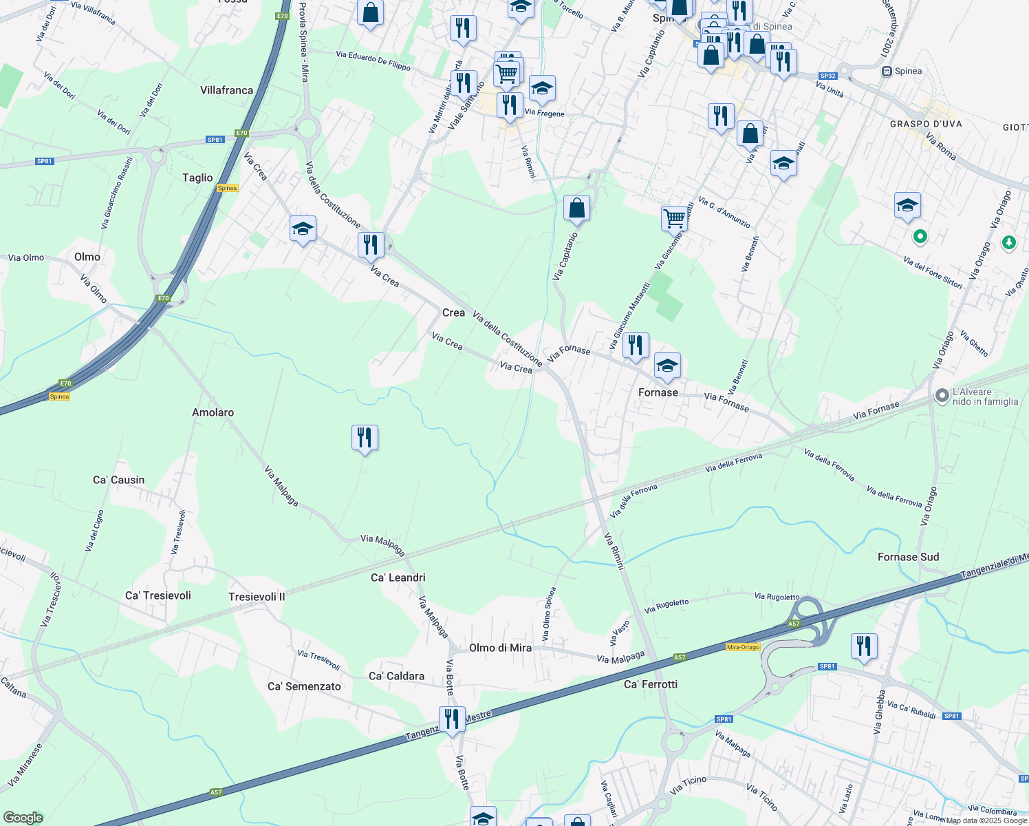 map of restaurants, bars, coffee shops, grocery stores, and more near 3 Via Crea in Città Metropolitana di Venezia