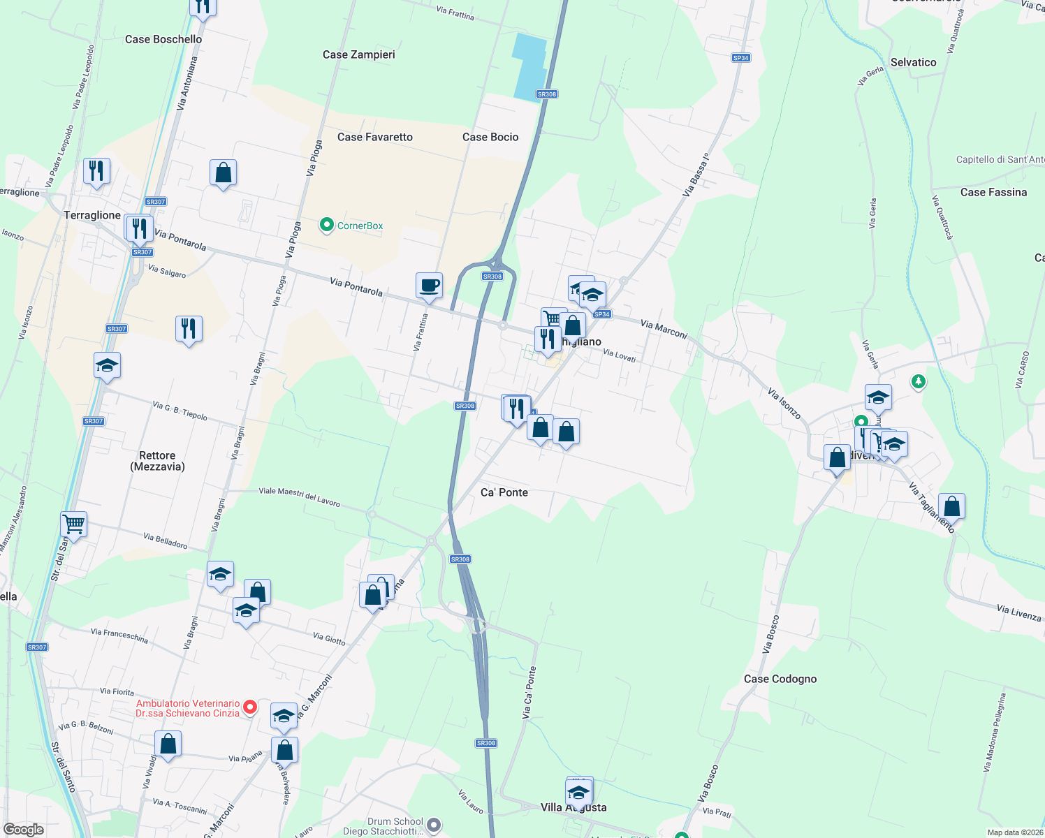 map of restaurants, bars, coffee shops, grocery stores, and more near 25 Via Bassa I in Campodarsego