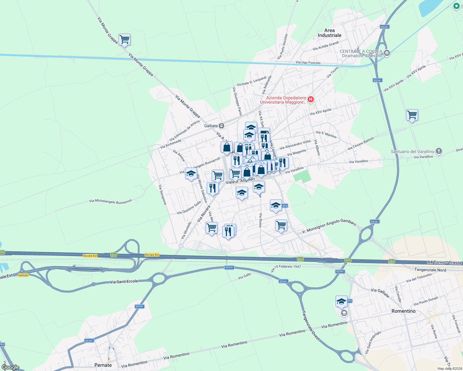 map of restaurants, bars, coffee shops, grocery stores, and more near 85-87 Viale Dante Alighieri in Galliate