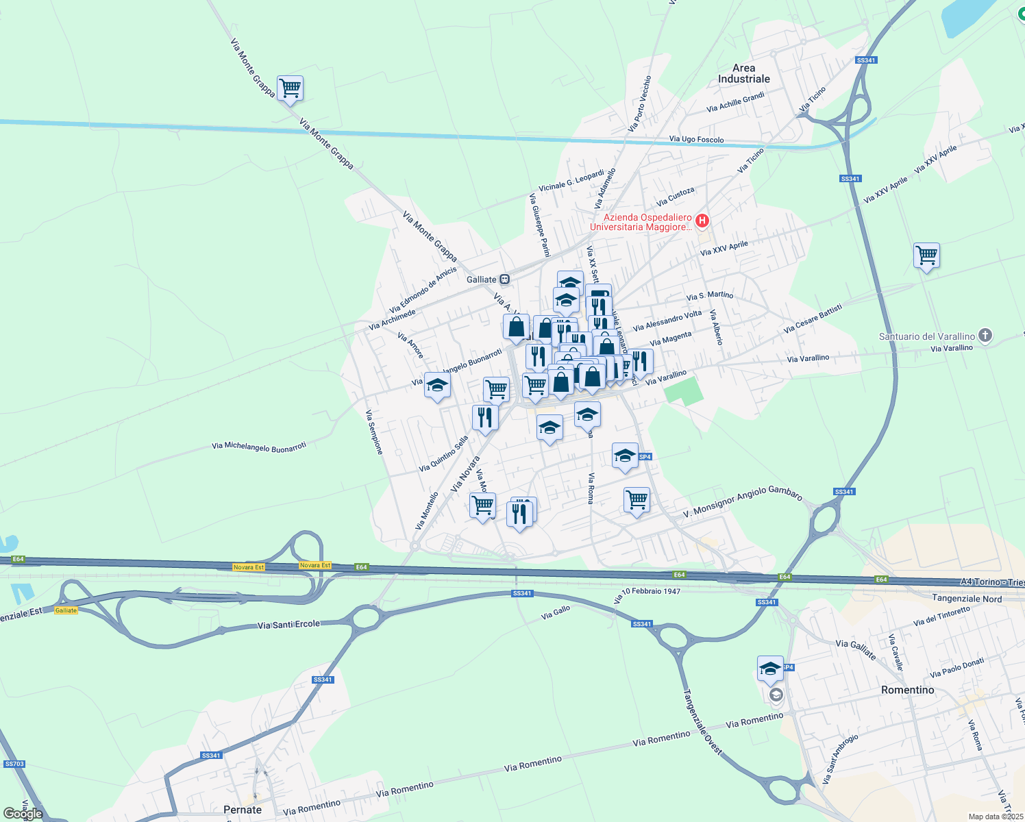 map of restaurants, bars, coffee shops, grocery stores, and more near 85-87 Viale Dante Alighieri in Galliate
