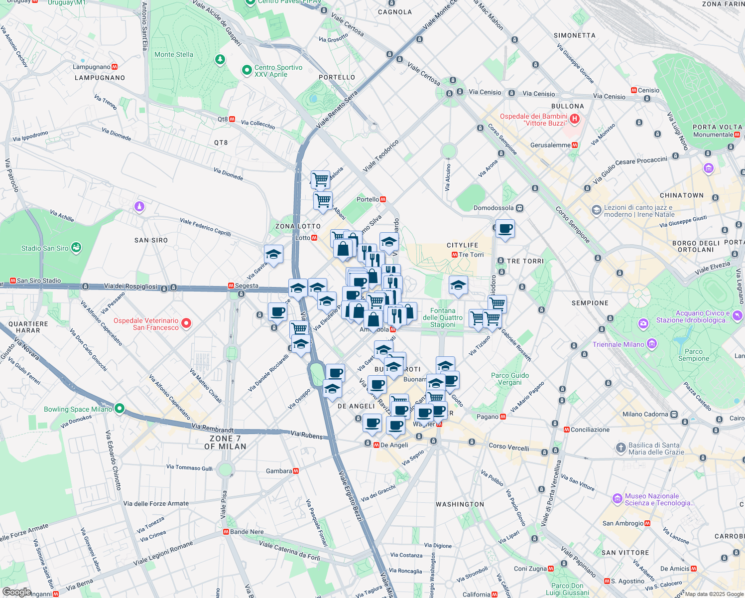 map of restaurants, bars, coffee shops, grocery stores, and more near 4 Via Monte Cervino in Milano