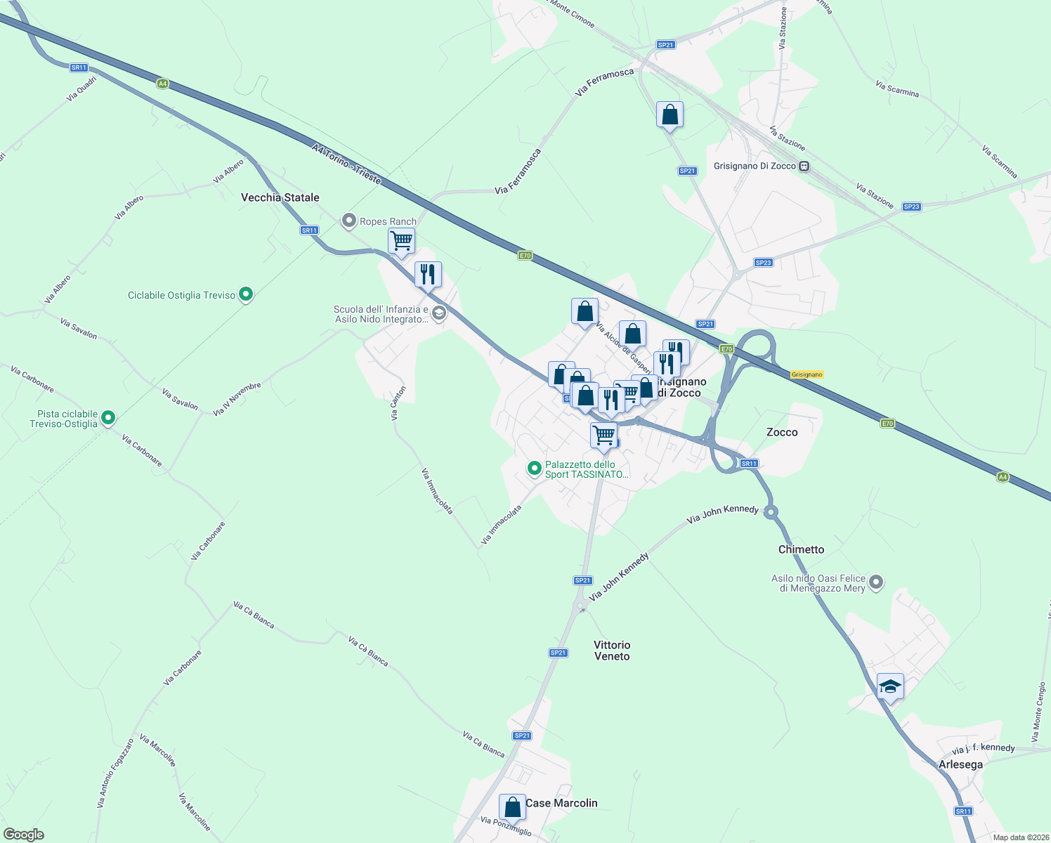 map of restaurants, bars, coffee shops, grocery stores, and more near 18 Via San Quasimodo in Grisignano di Zocco