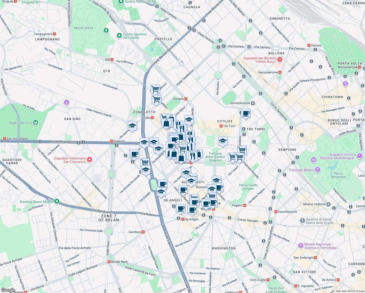 map of restaurants, bars, coffee shops, grocery stores, and more near 4 Via Monte Cervino in Milano
