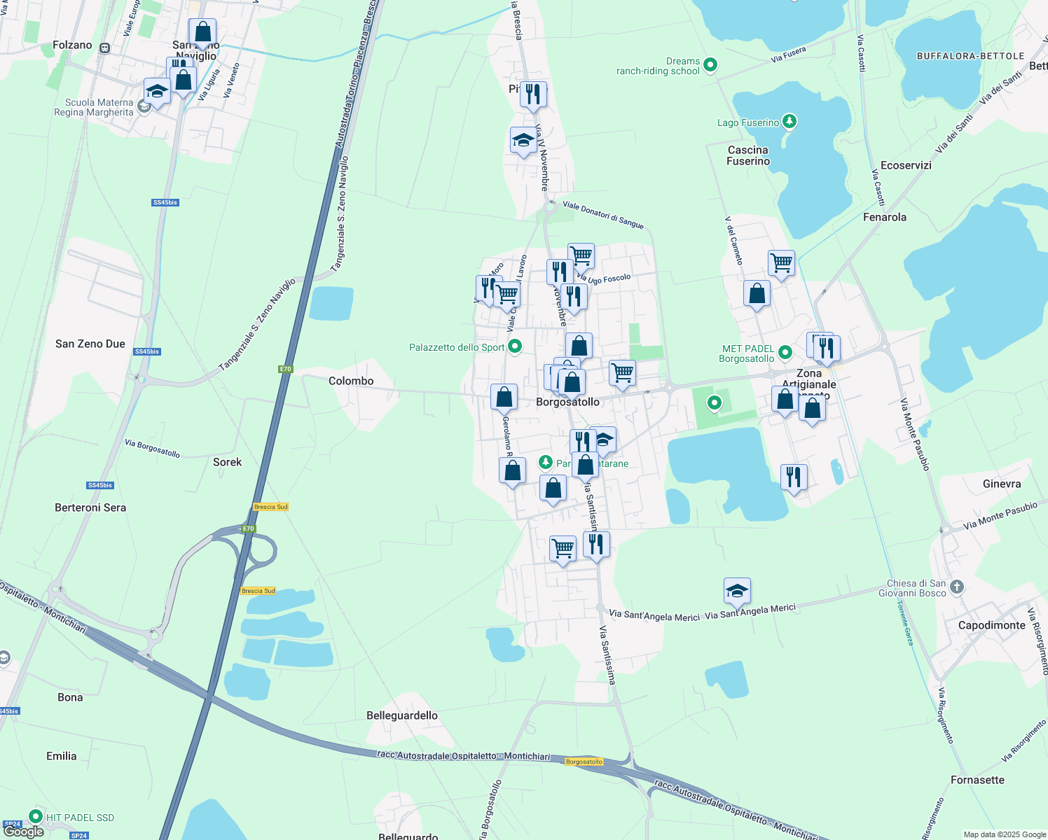 map of restaurants, bars, coffee shops, grocery stores, and more near 23 Via Gerolamo Rovetta in Borgosatollo