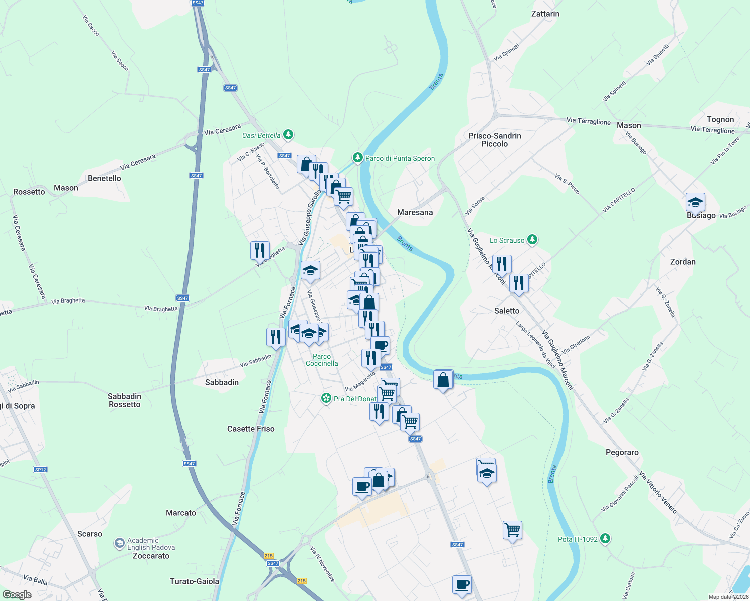 map of restaurants, bars, coffee shops, grocery stores, and more near 4 Via Petrarca Francesco in Limena