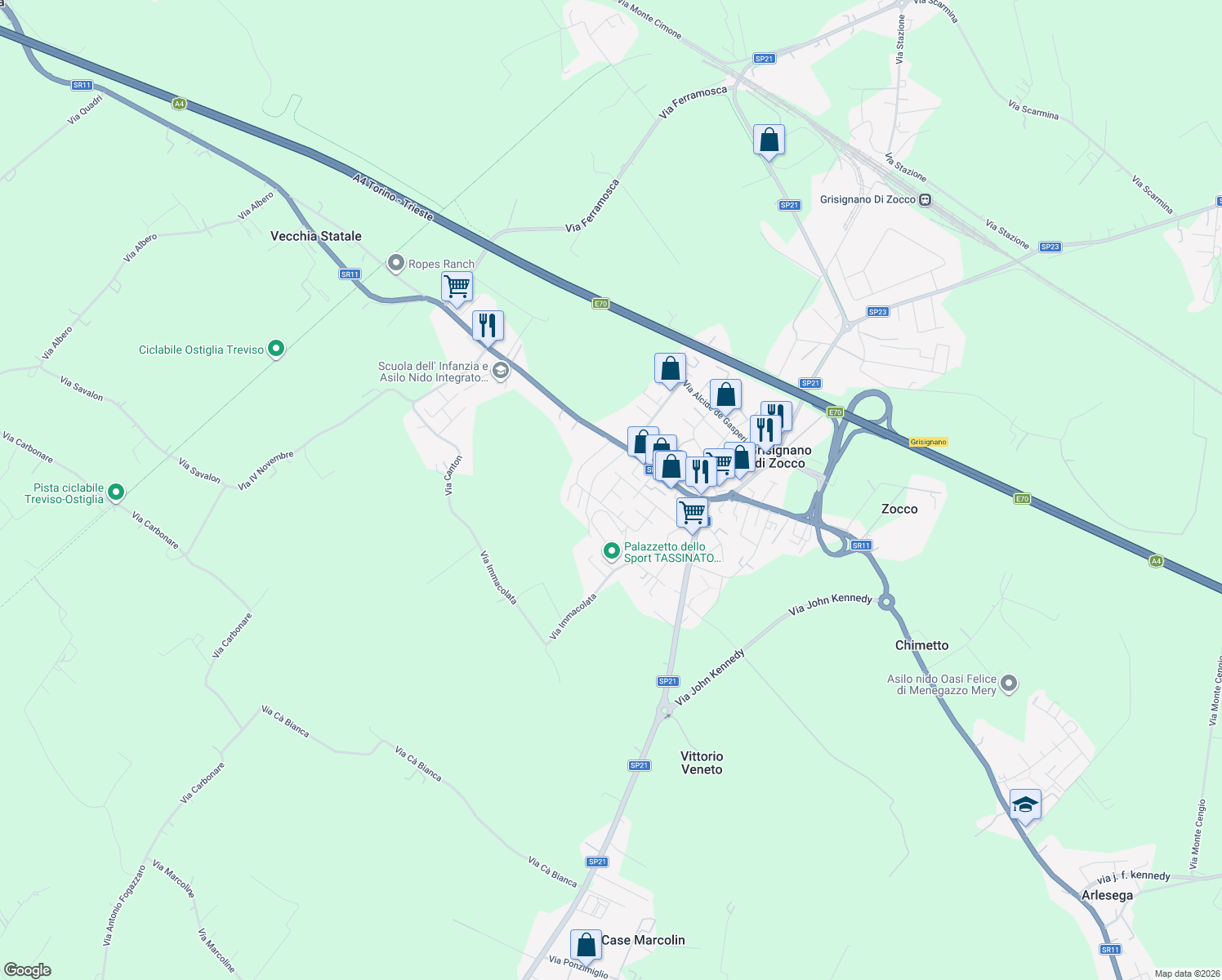 map of restaurants, bars, coffee shops, grocery stores, and more near 18 Via San Quasimodo in Grisignano di Zocco