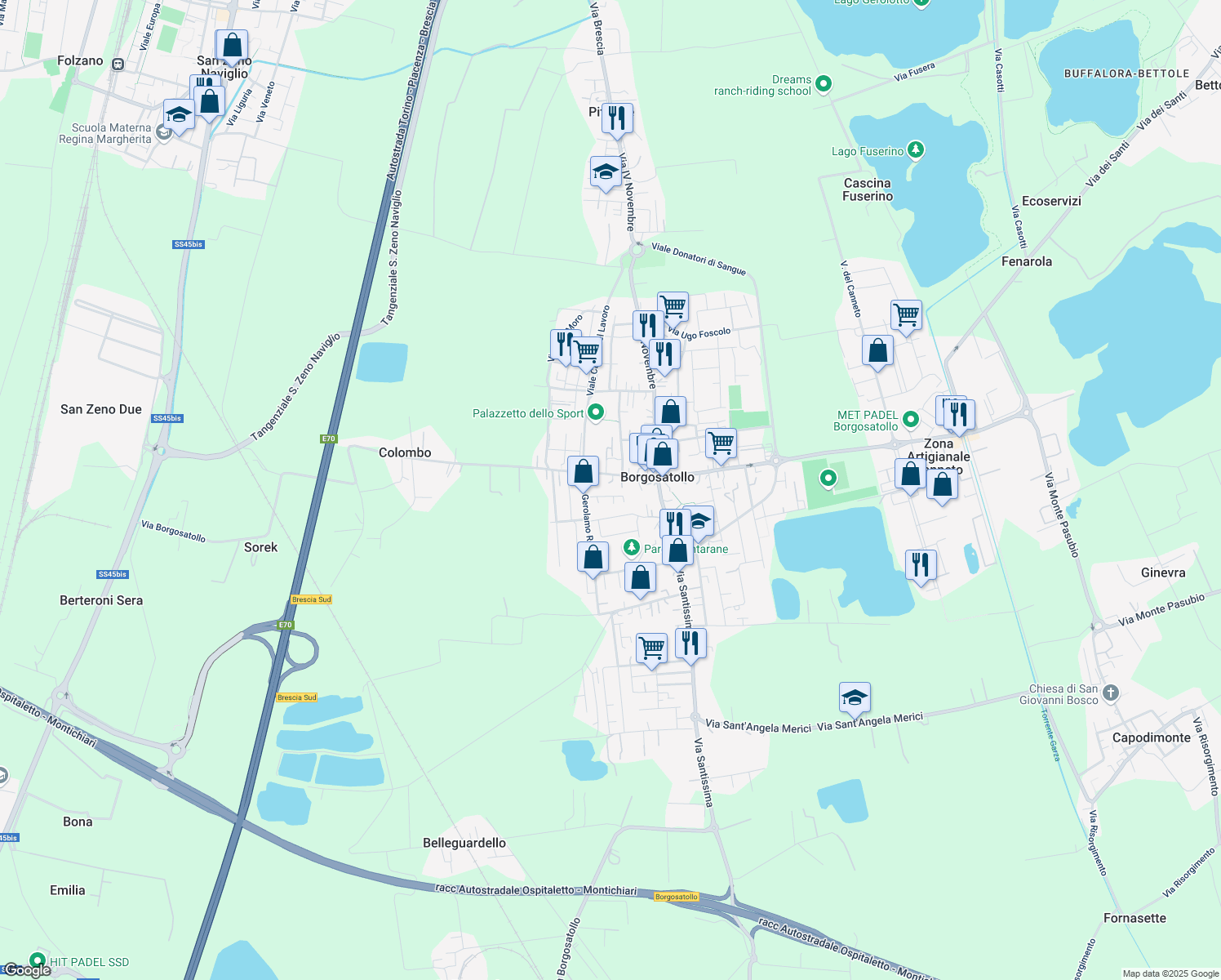 map of restaurants, bars, coffee shops, grocery stores, and more near 23 Via Gerolamo Rovetta in Borgosatollo