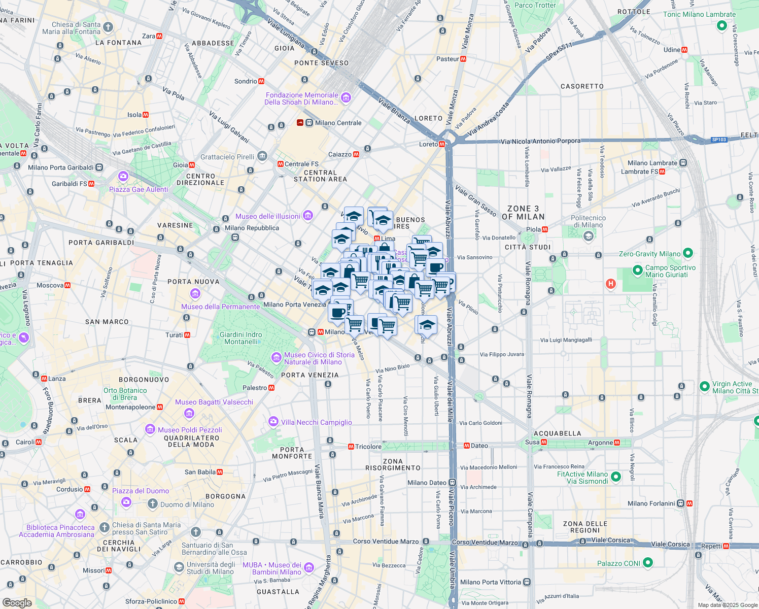 map of restaurants, bars, coffee shops, grocery stores, and more near Via Bernardino Ramazzini in Milan