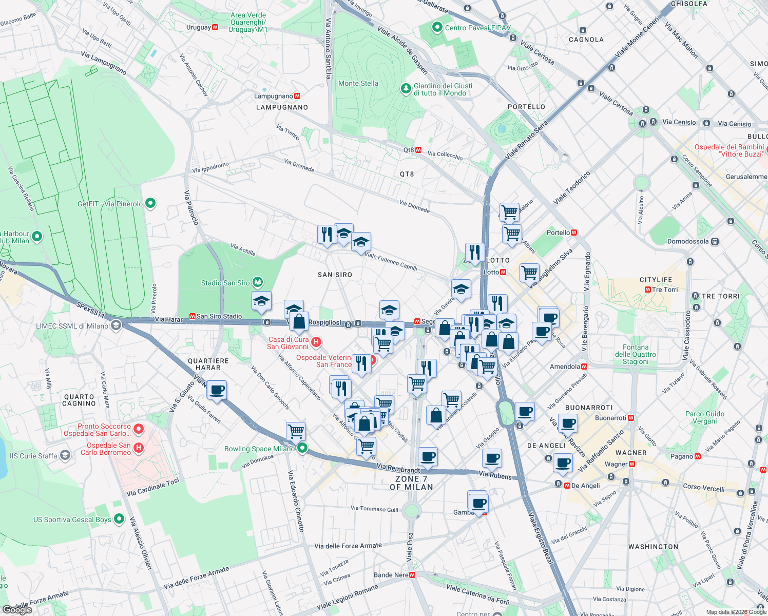 map of restaurants, bars, coffee shops, grocery stores, and more near 6 Via degli Odescalchi in Milano