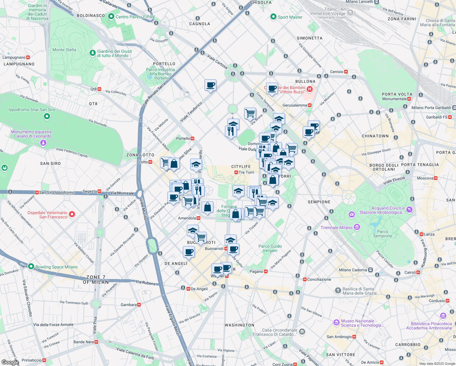 map of restaurants, bars, coffee shops, grocery stores, and more near Via Demetrio Stratos in Milano