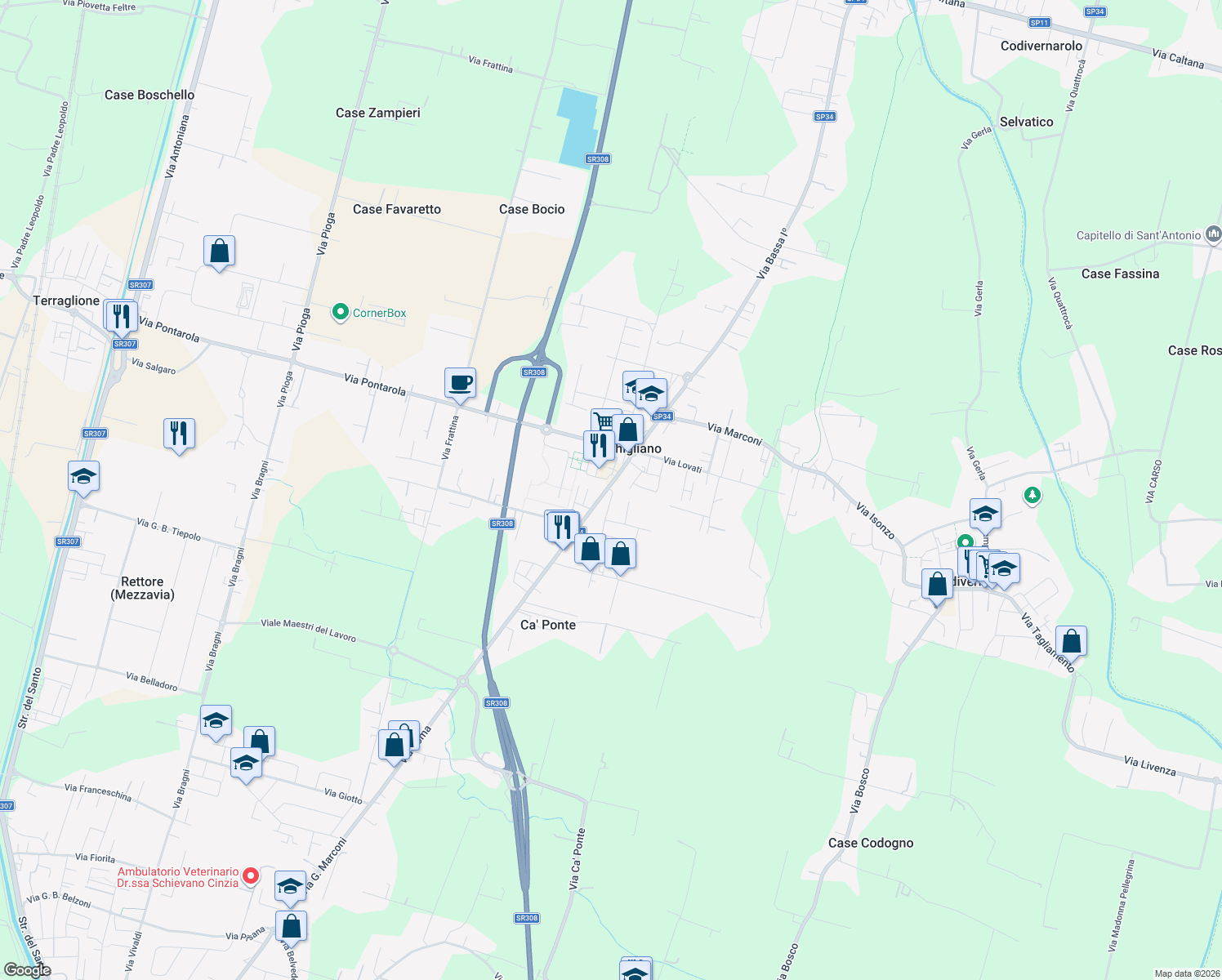 map of restaurants, bars, coffee shops, grocery stores, and more near 42 Via Santa Lucia in Campodarsego